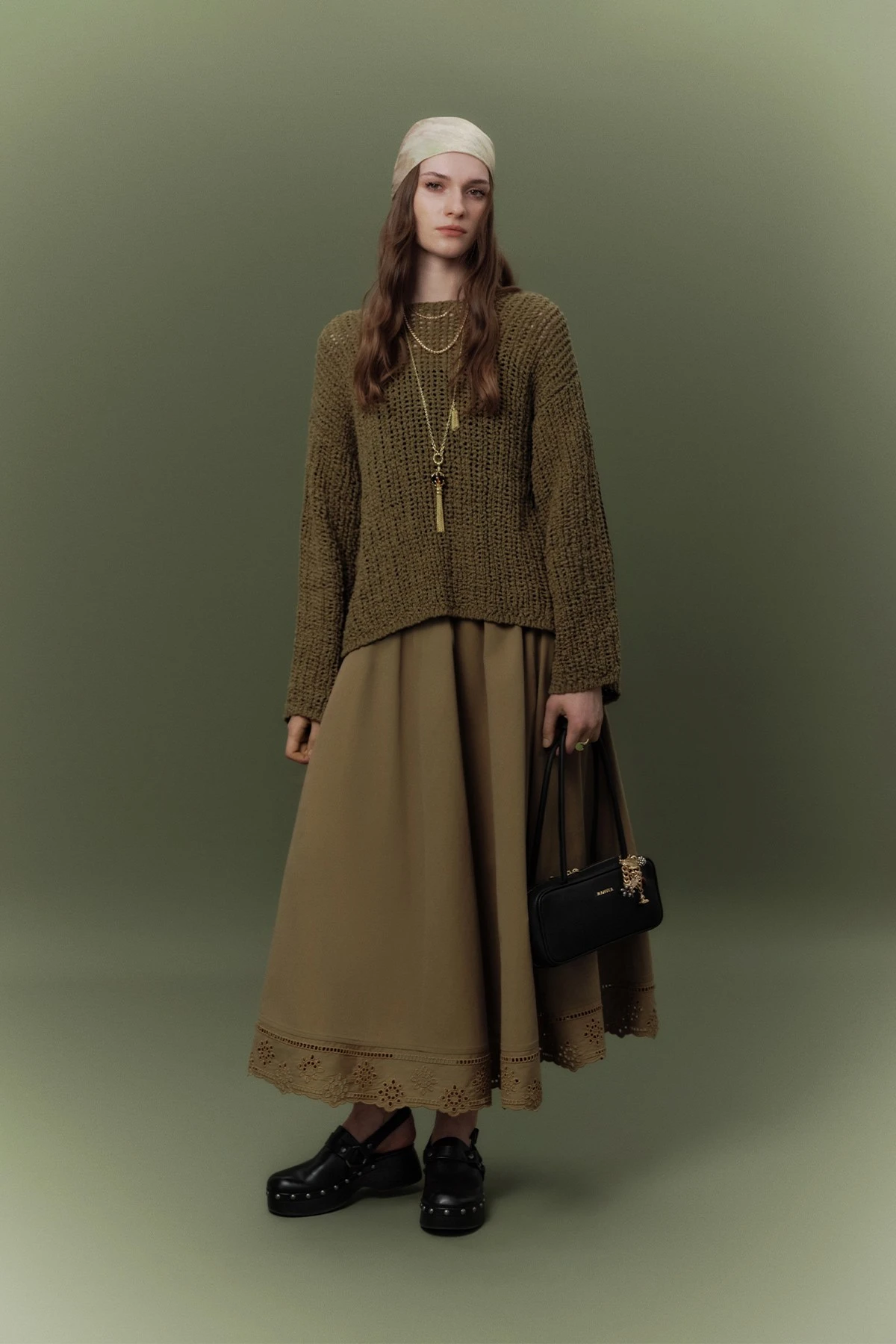 EMBROIDERY DETAIL WIDE SKIRT GREEN