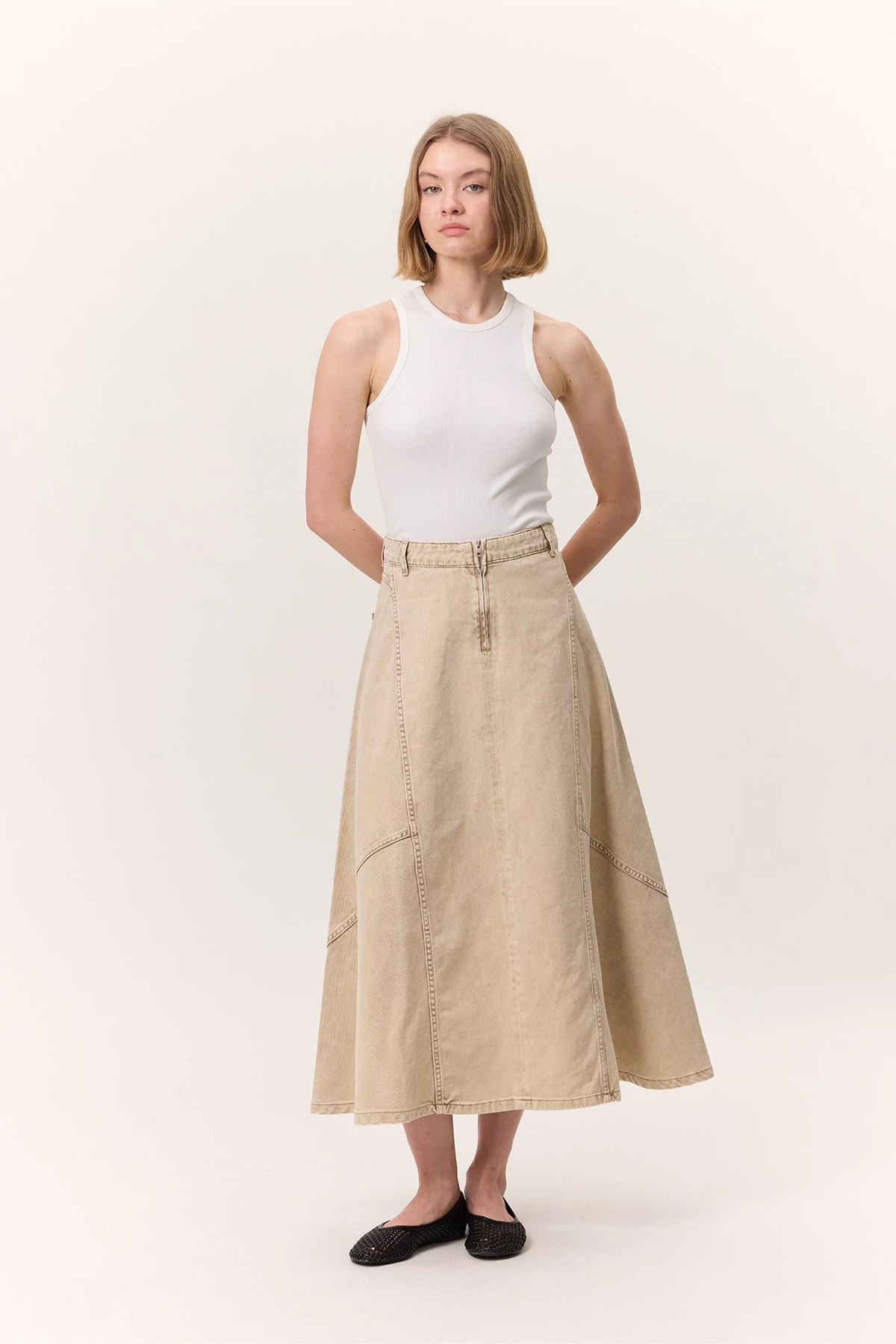 FLOUNCED DENIM SKIRT CAMEL FLOUNCED DENIM SKIRT CAMEL