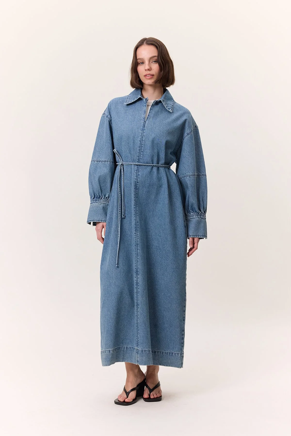 MANŞET DETAYLI DENIM ELBİSE AÇIK MAVİ