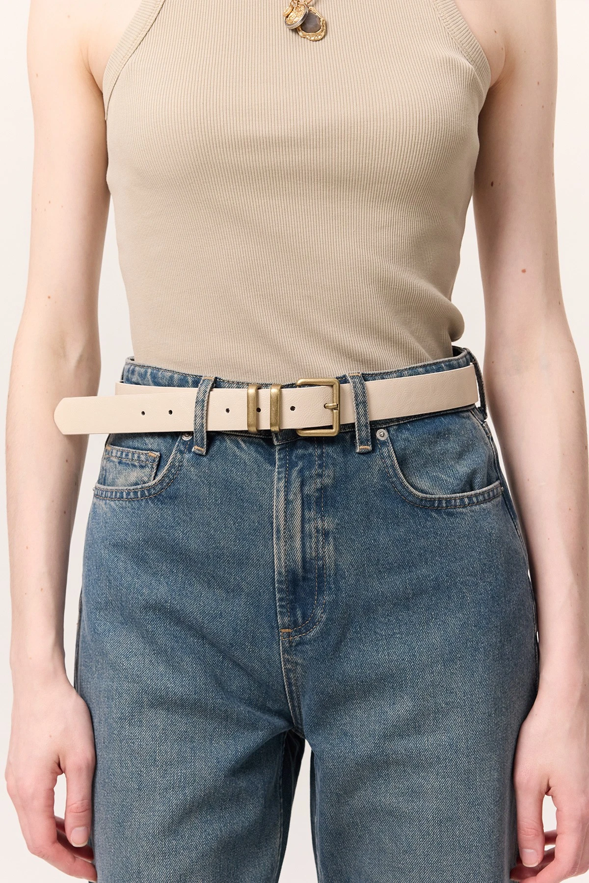 SQUARE METAL BUCKLE BELT BEIGE