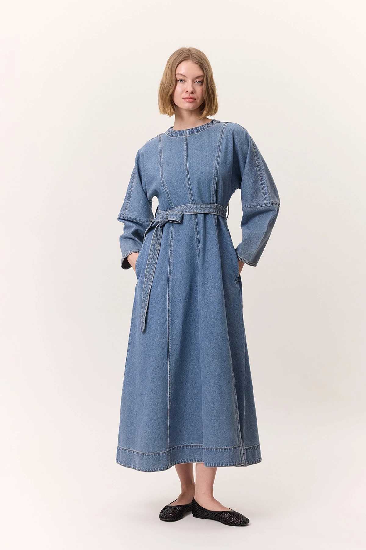 WIDE SLEEVE BELT DENIM DRESS BLUE WIDE SLEEVE BELT DENIM DRESS BLUE