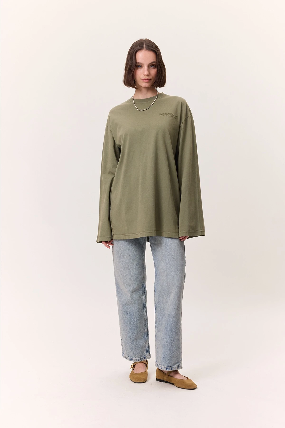 YIKAMA EFEKTLİ UZUN KOLLU TSHIRT YEŞİL