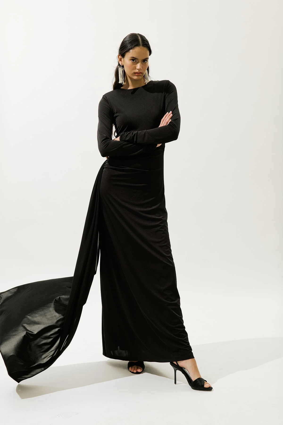 BAĞLAMA DETAYLI ABİYE ELBİSE SİYAH