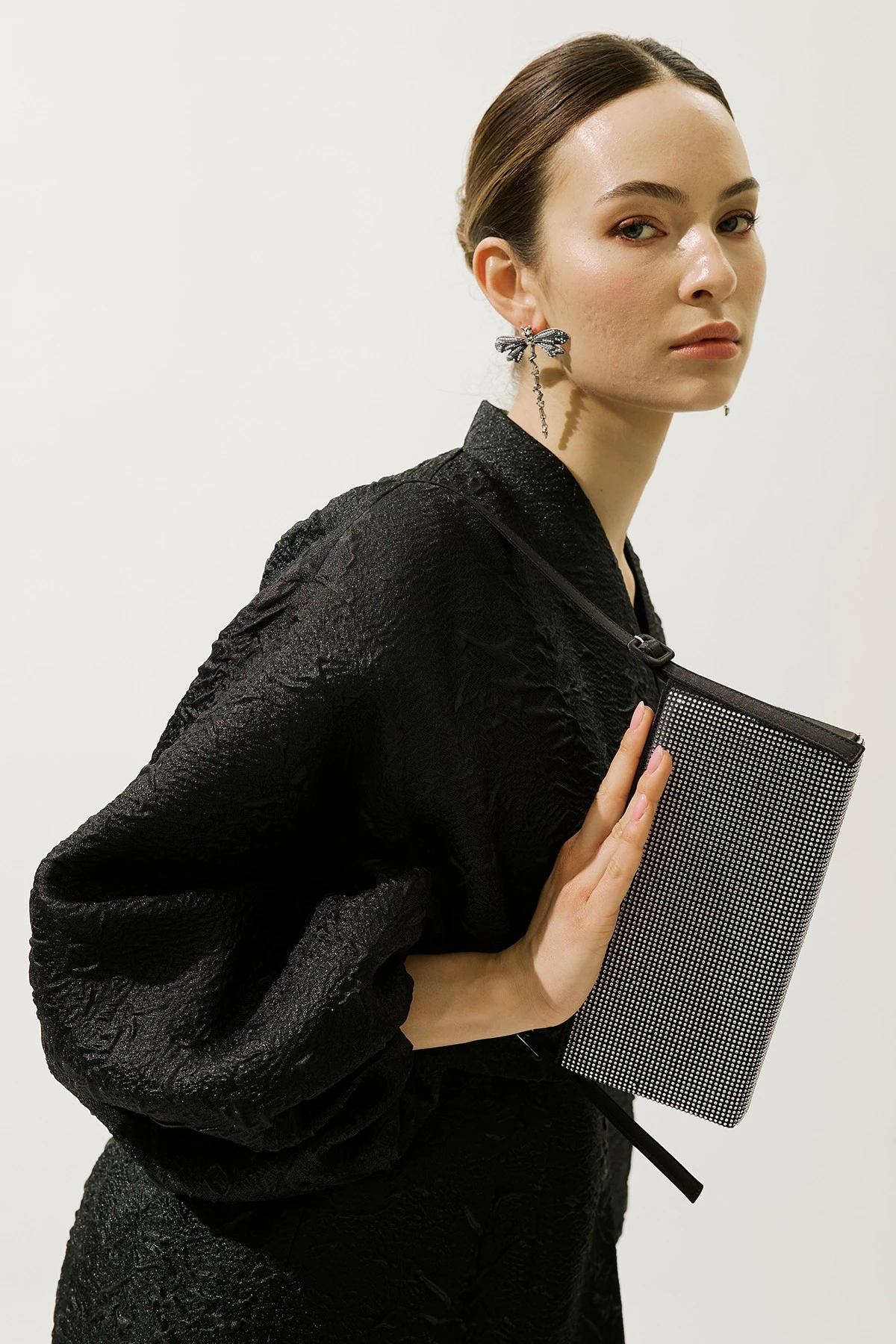 STONED BAGUETTE EVENING BAG BLACK