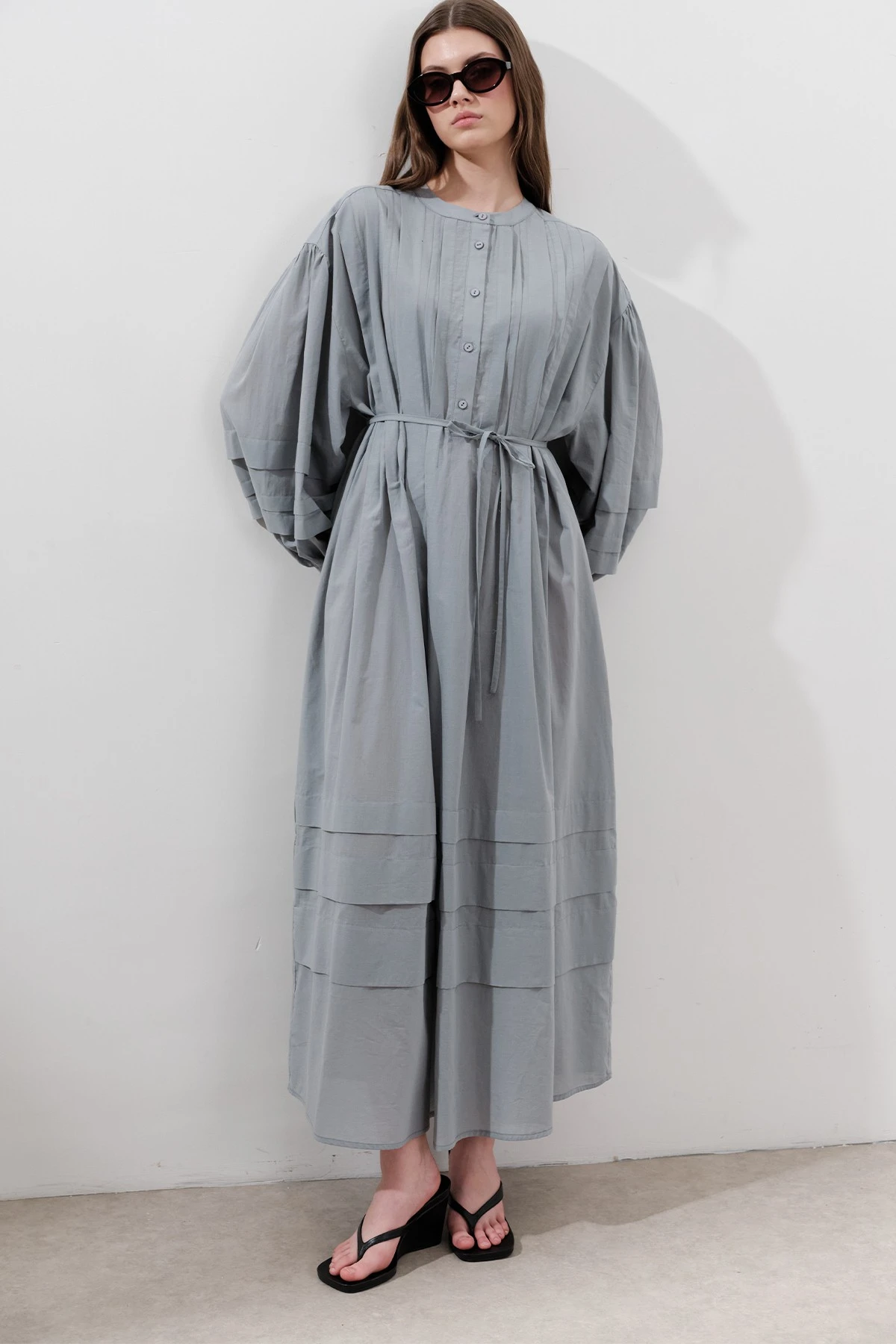 NERVÜRLÜ GENİŞ ELBİSE MAVİ