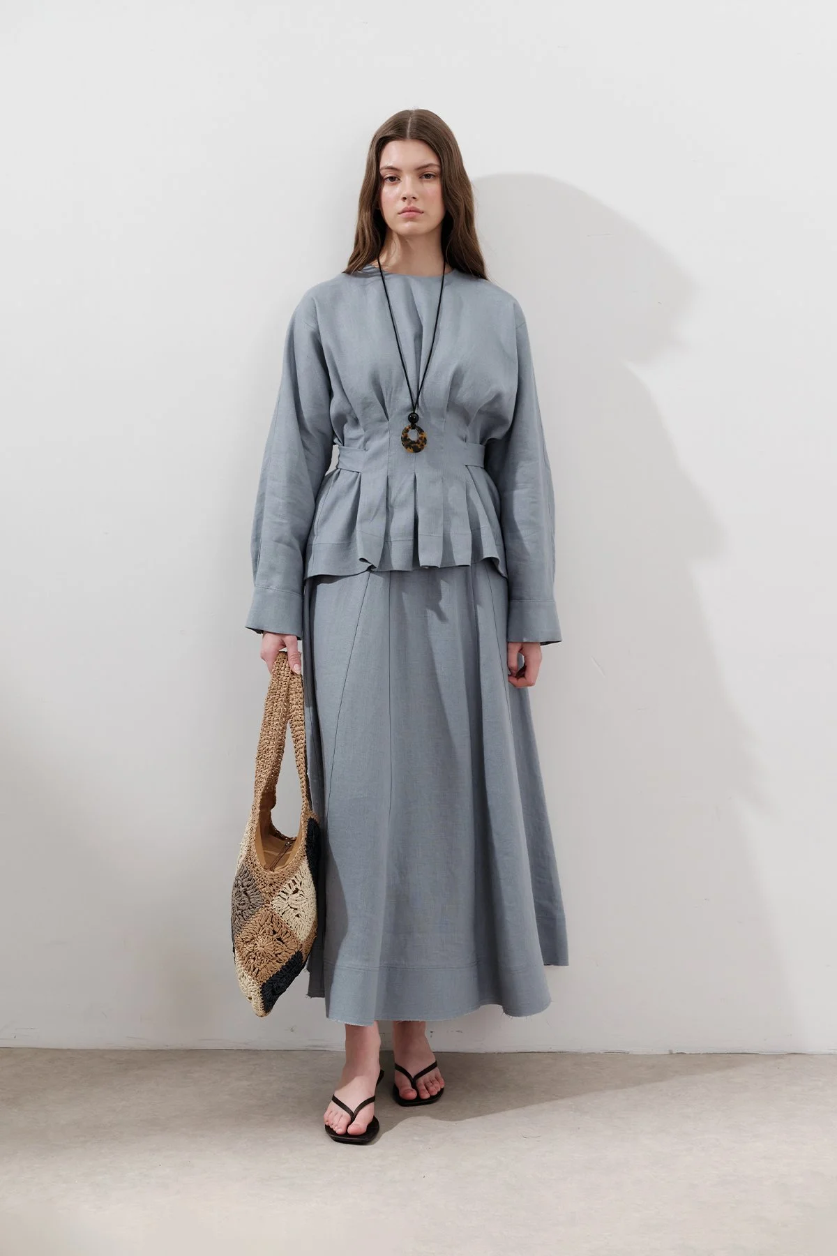 KETEN KRUVAZE BAĞLAMALI BLUZ MAVİ