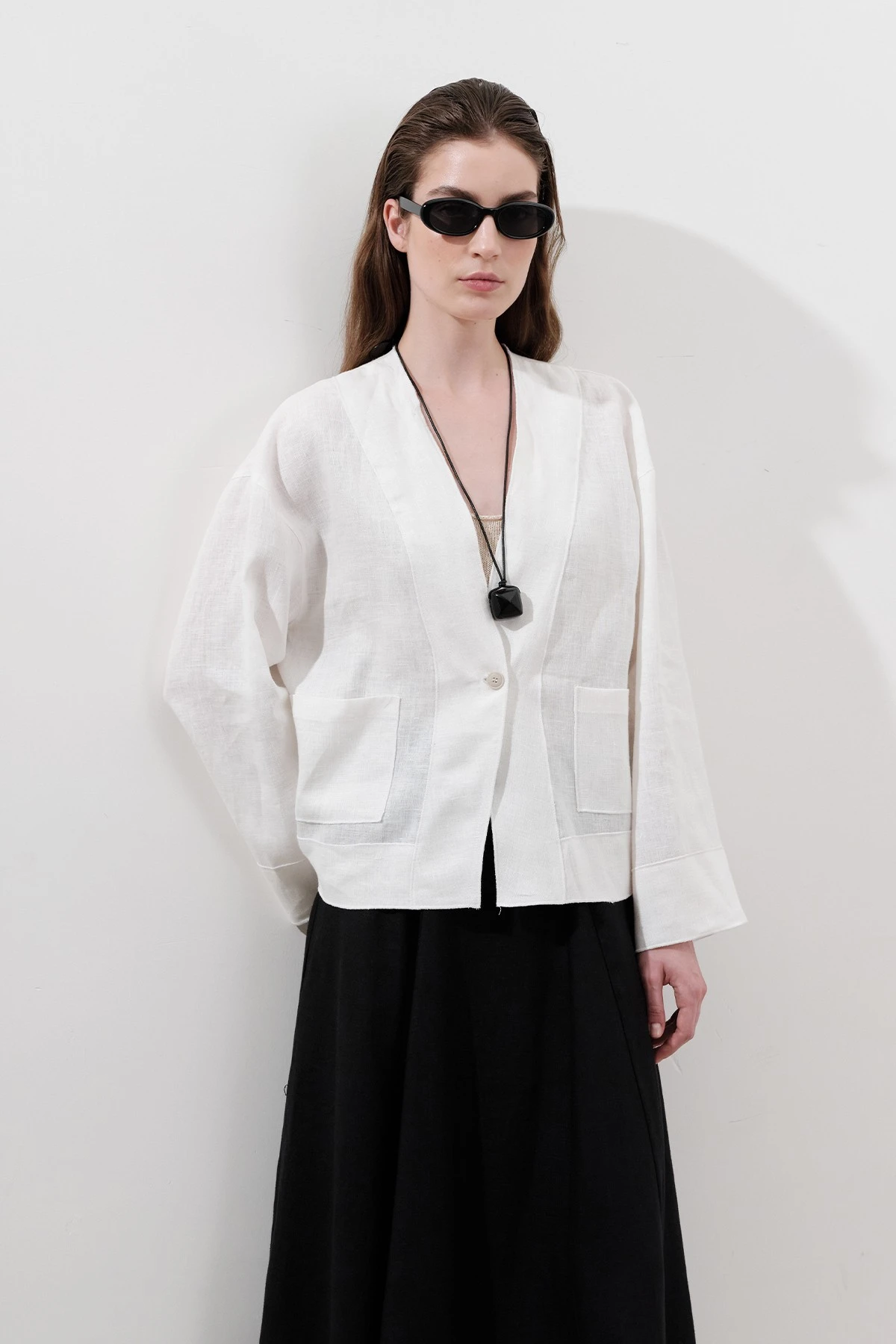 KETEN TEK DÜĞMELİ BLUZ EKRU