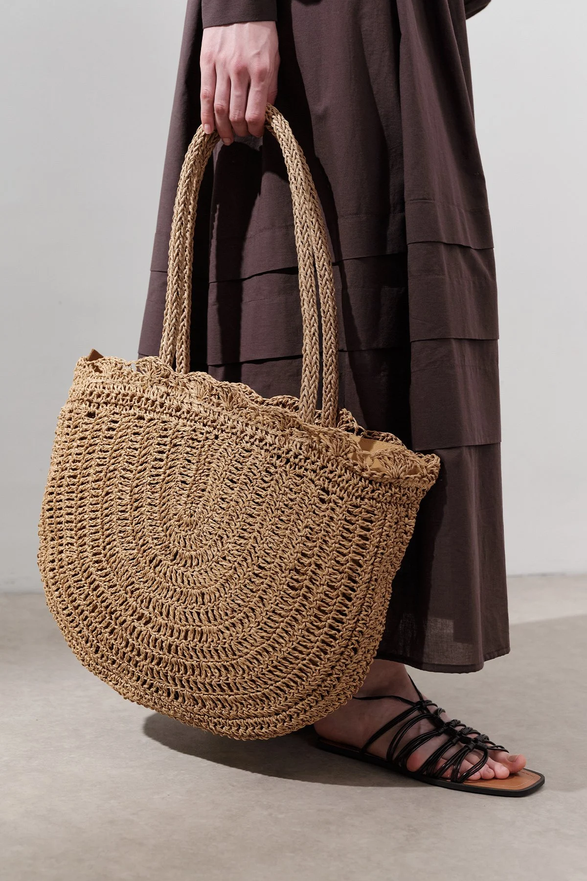 KNITTED DETAILED WICKER HANDLE BAG NATURAL