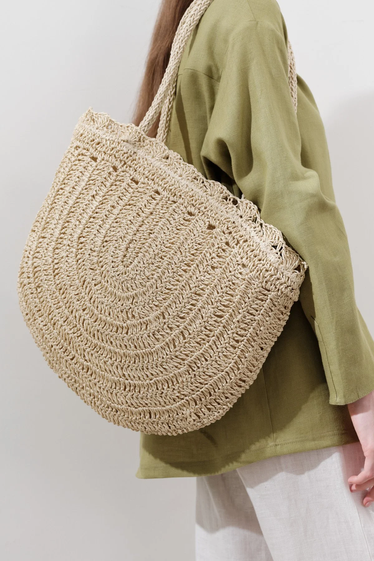 KNITTED DETAILED WICKER HANDLE BAG BEIGE