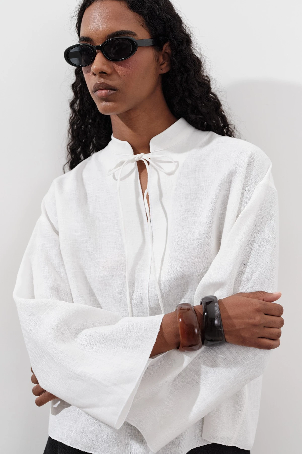 KETEN BAĞLAMALI BLUZ EKRU