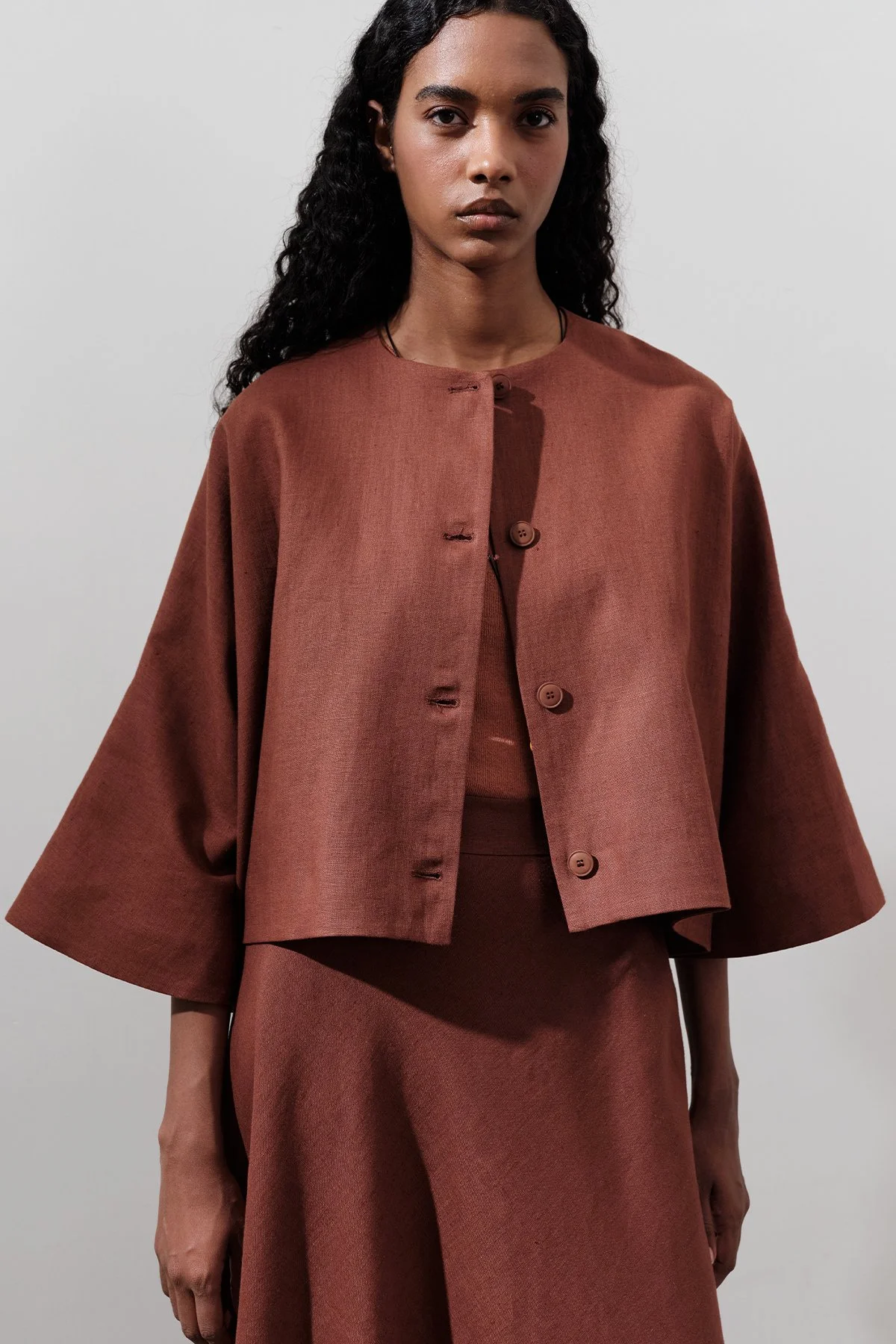 LINEN WIDE SLEEVE SHORT JACKET COPPER