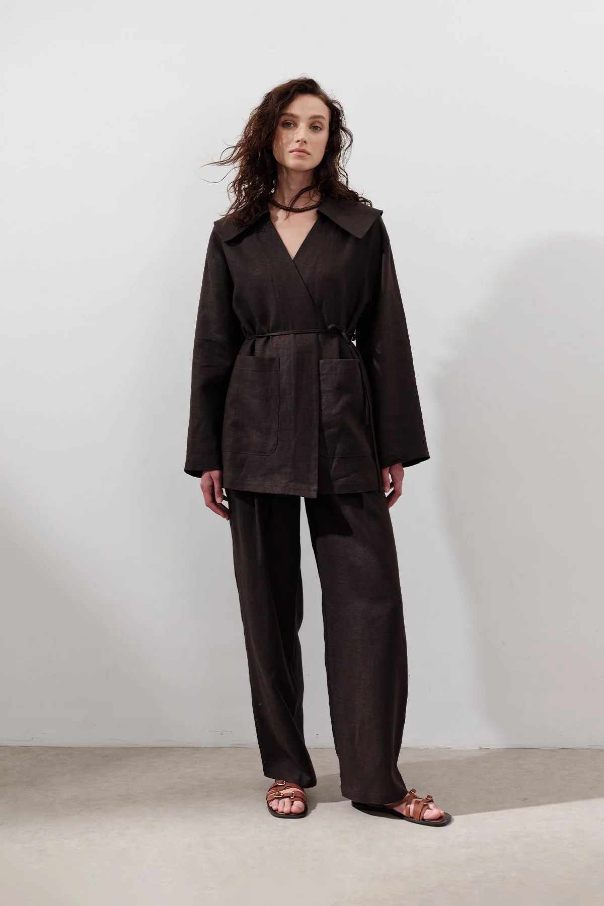 LINEN WIDE COLLAR JACKET DUSTY COFFEE LINEN WIDE COLLAR JACKET DUSTY COFFEE