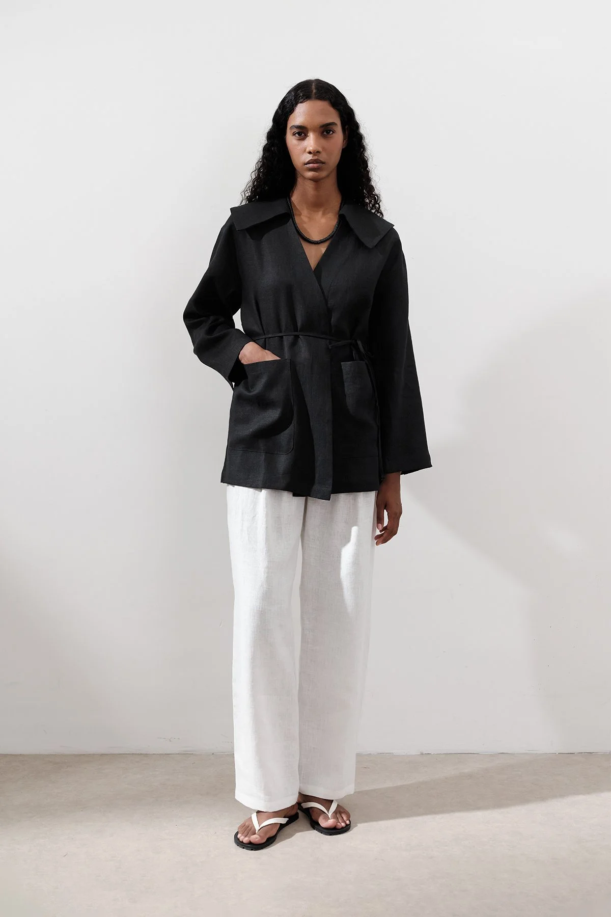 LINEN WIDE COLLAR JACKET BLACK LINEN WIDE COLLAR JACKET BLACK
