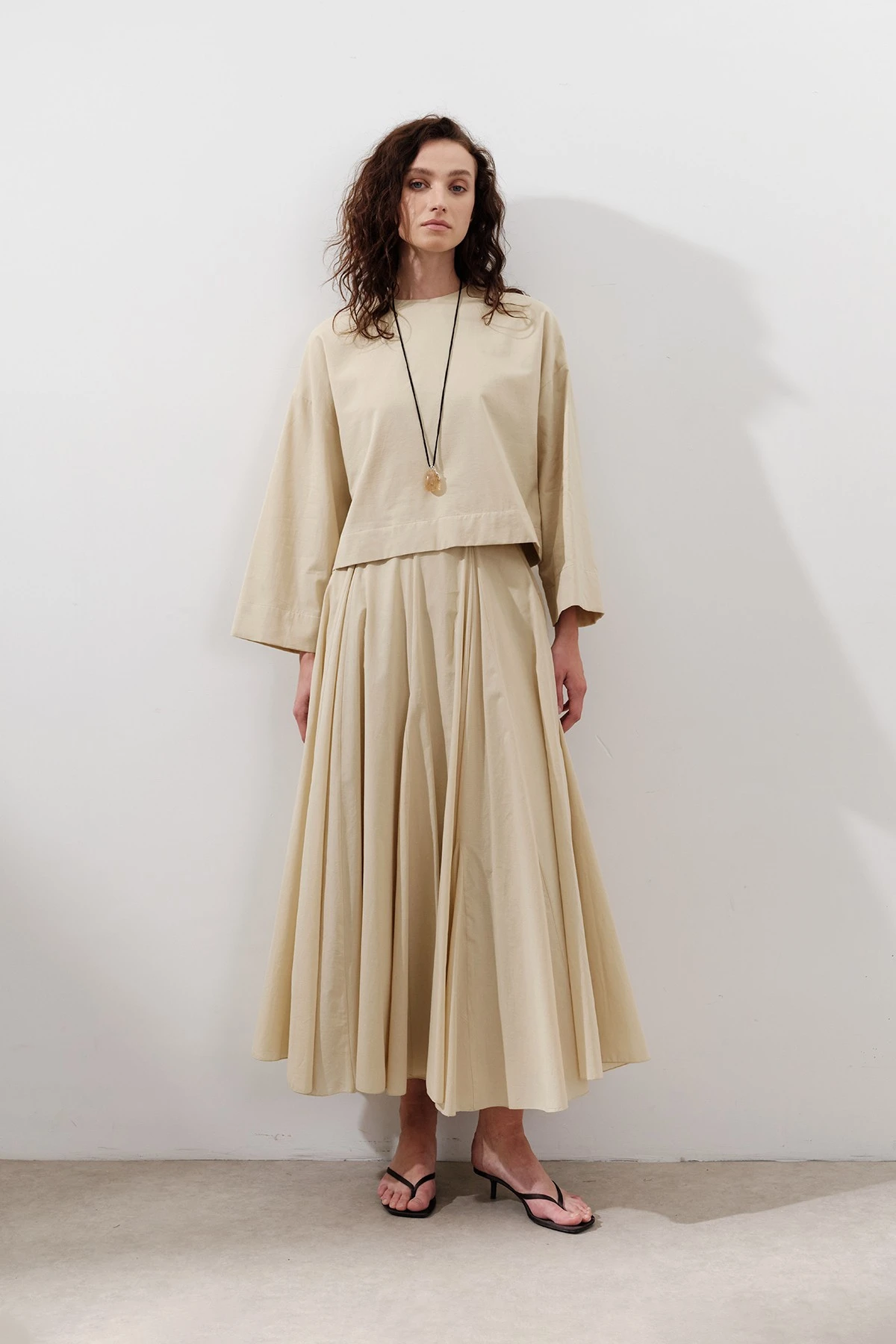 PARÇALI GENİŞ PAMUKLU ETEK PASTEL SARI