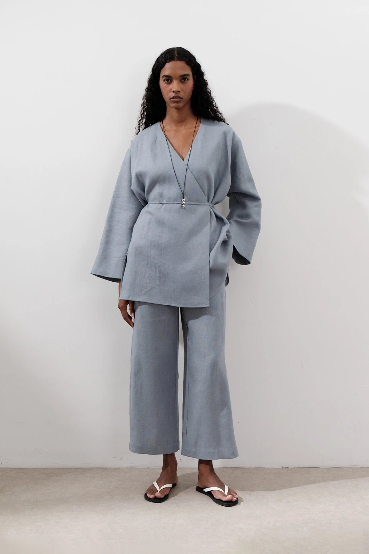 LINEN WIDE LEG TROUSERS BLUE LINEN WIDE LEG TROUSERS BLUE