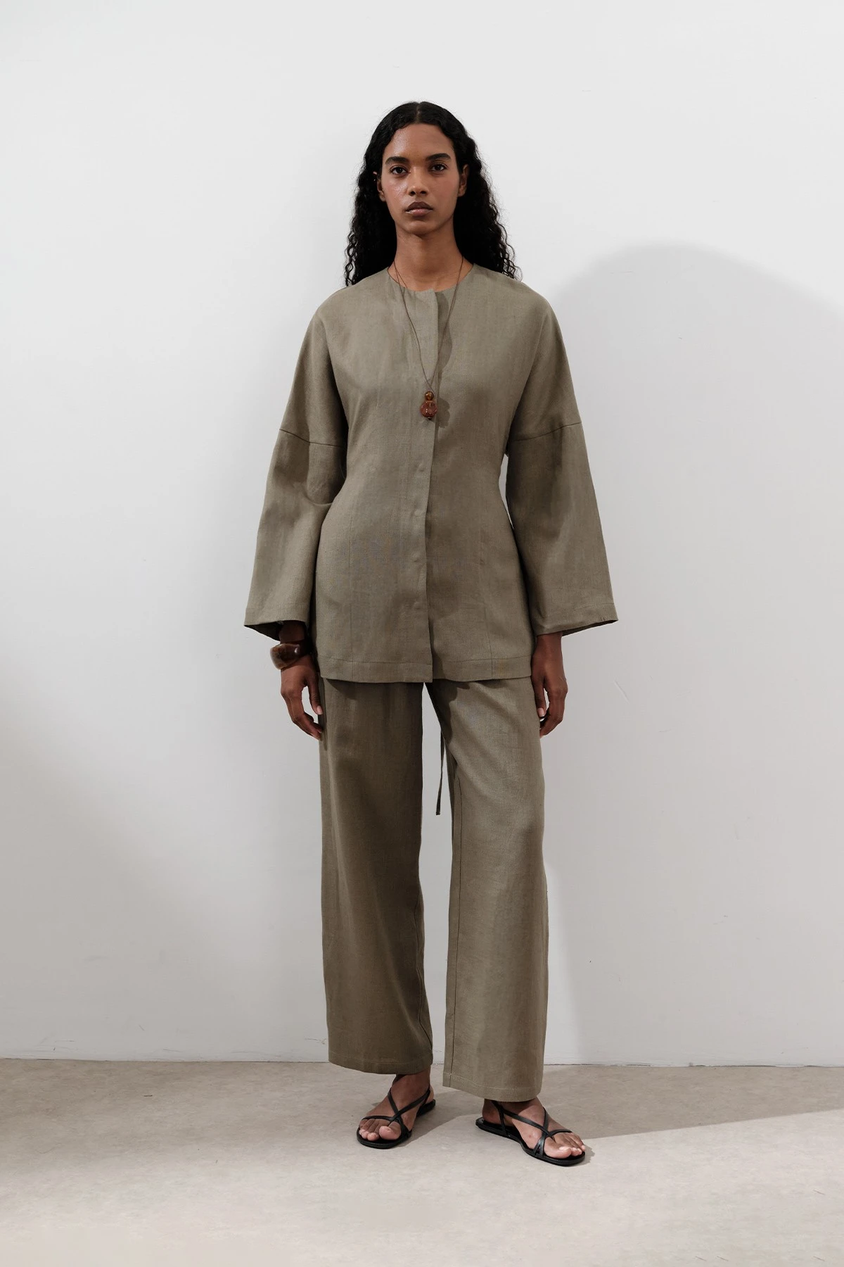 KETEN PİLELİ GENİŞ PANTOLON HAKİ