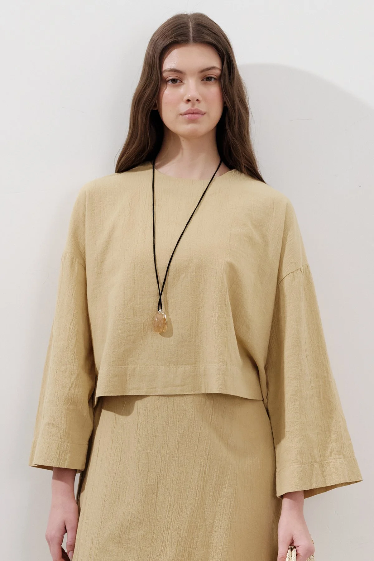 PAMUKLU GENİŞ KOL CROP BLUZ SARI