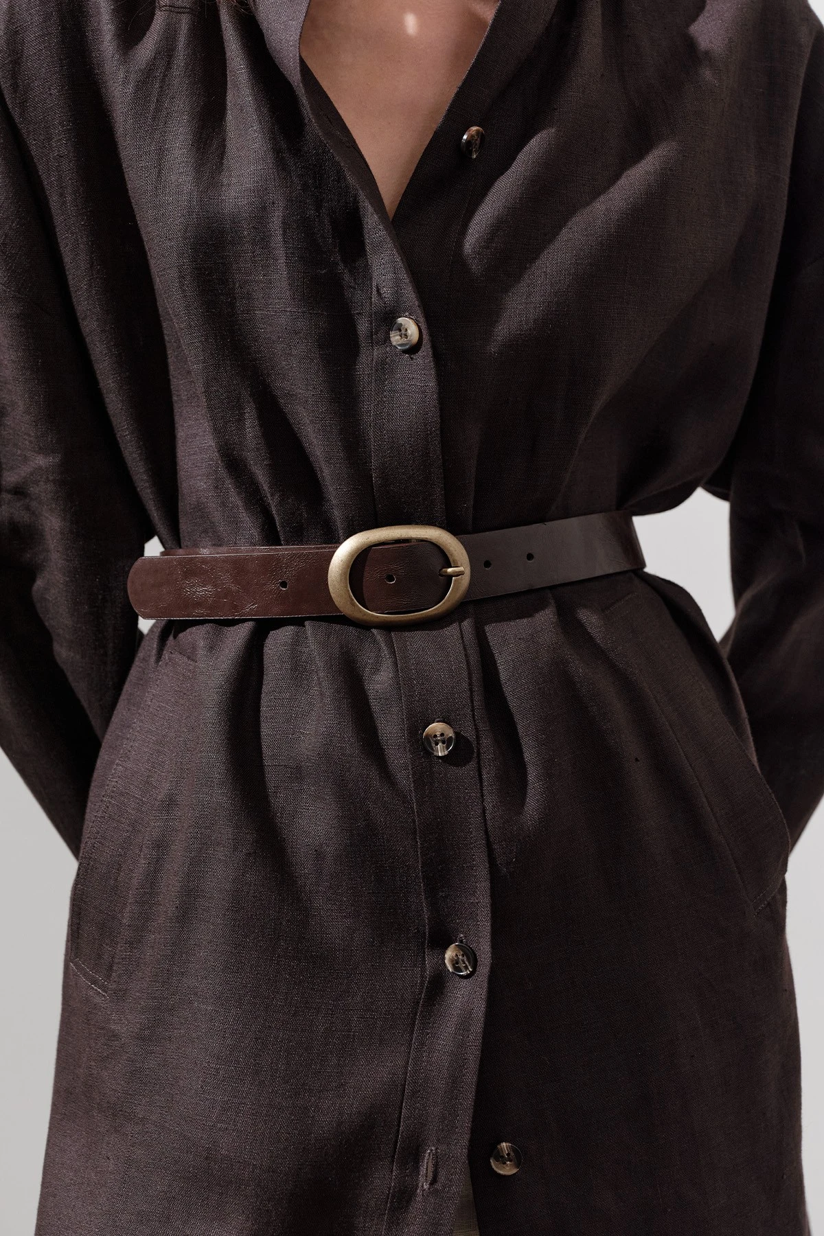 OVAL LEATHER BELT WITH ANTIQUE BUCKLE BROWN OVAL LEATHER BELT WITH ANTIQUE BUCKLE BROWN