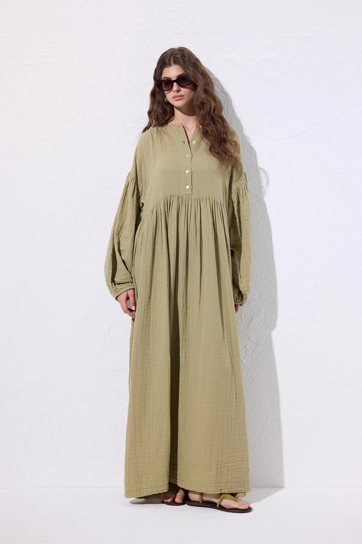 MUSLIN BUTTONED CASUAL DRESS SAGE