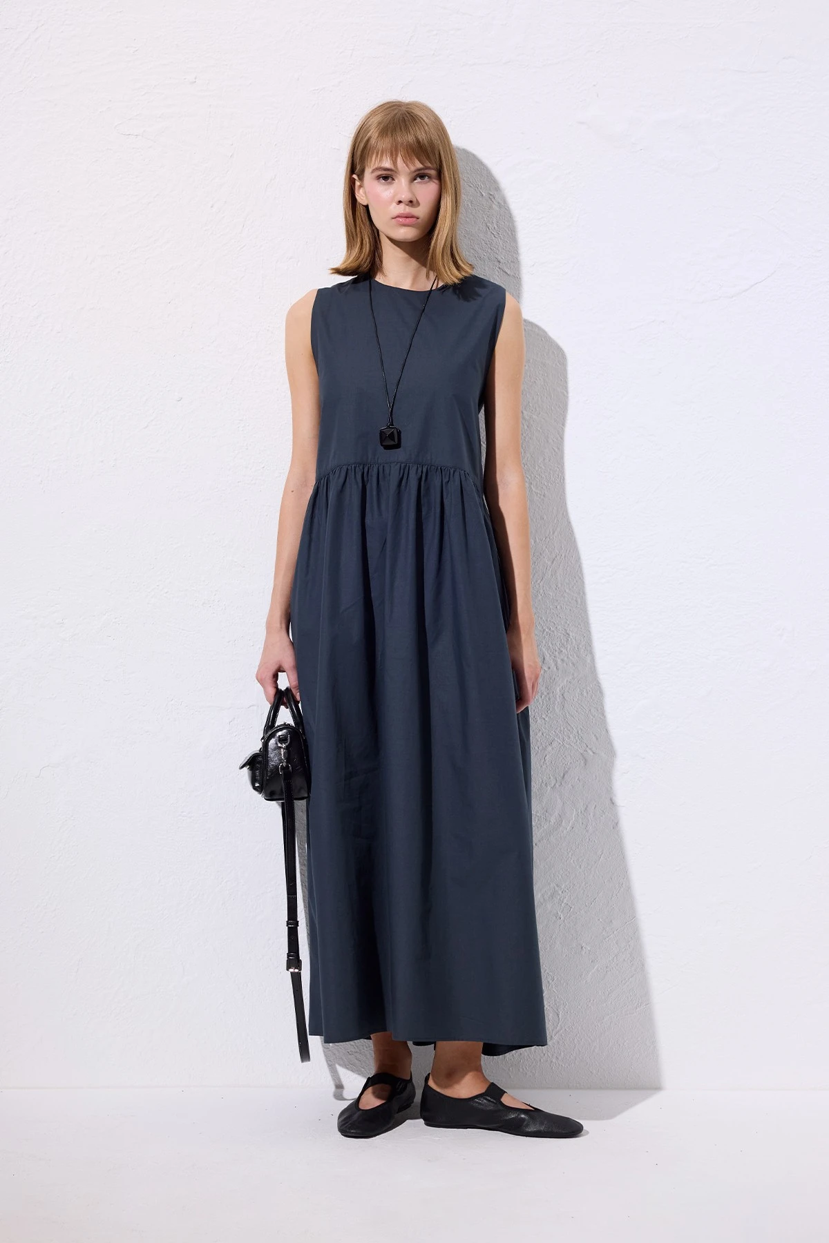 ADJUSTABLE BELT POPLIN DRESS NAVY BLUE