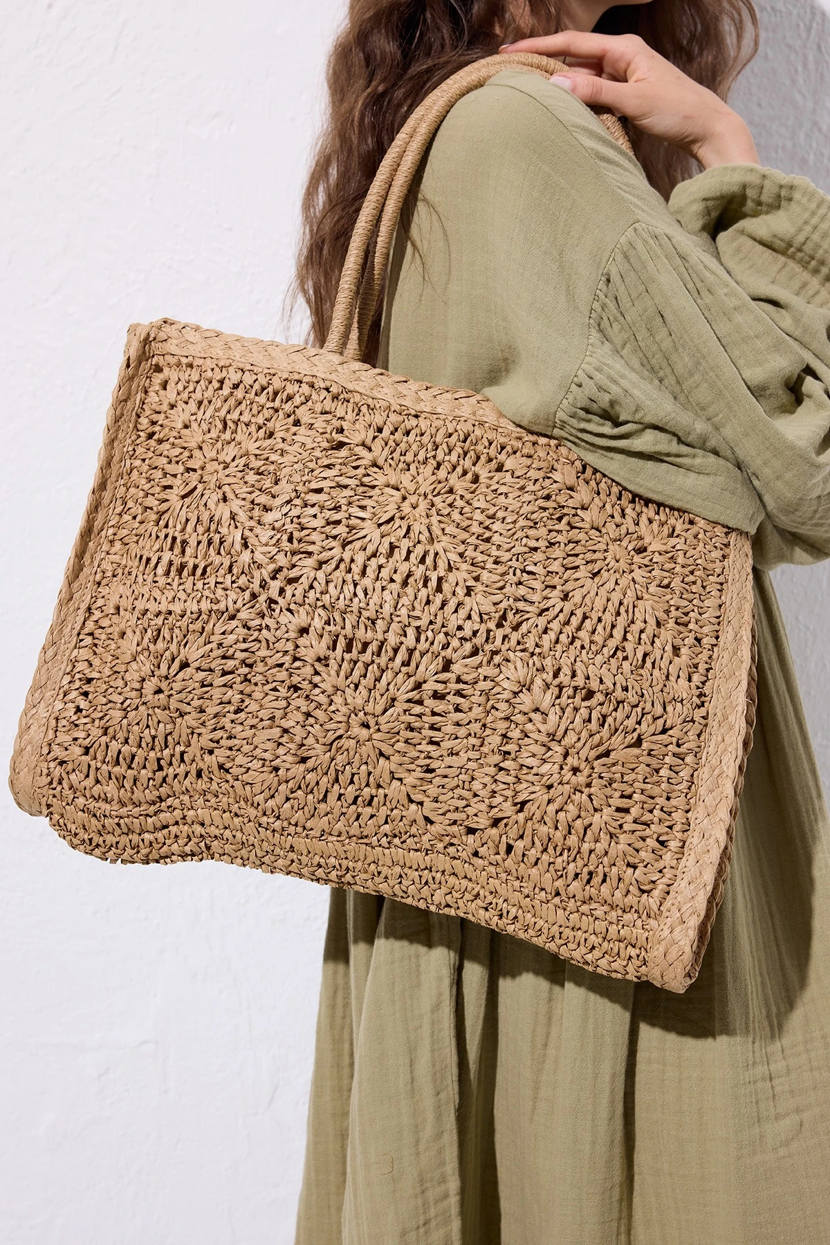 PATTERNED WICKER LARGE BAG NATURAL
