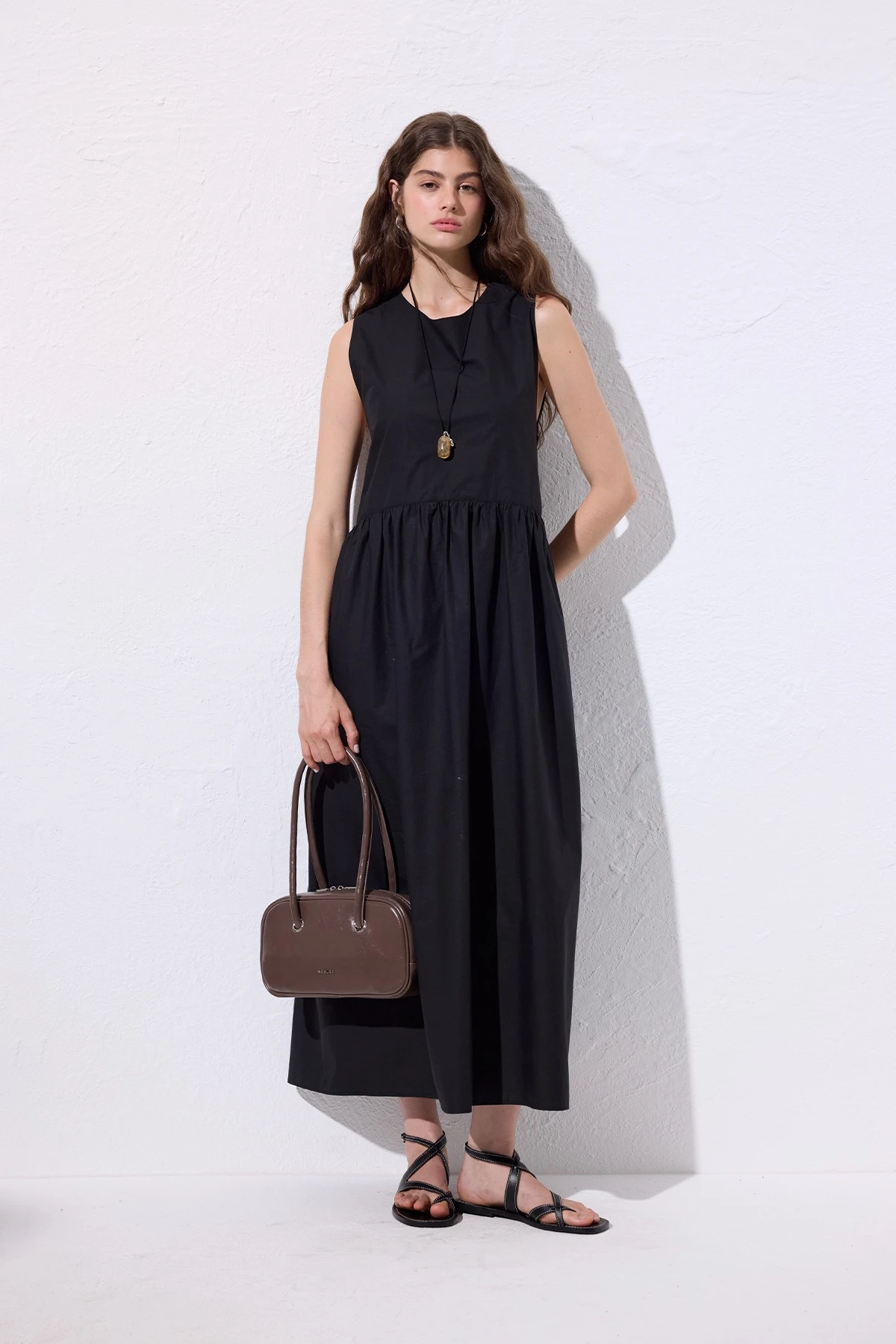 ADJUSTABLE BELT POPLIN DRESS BLACK