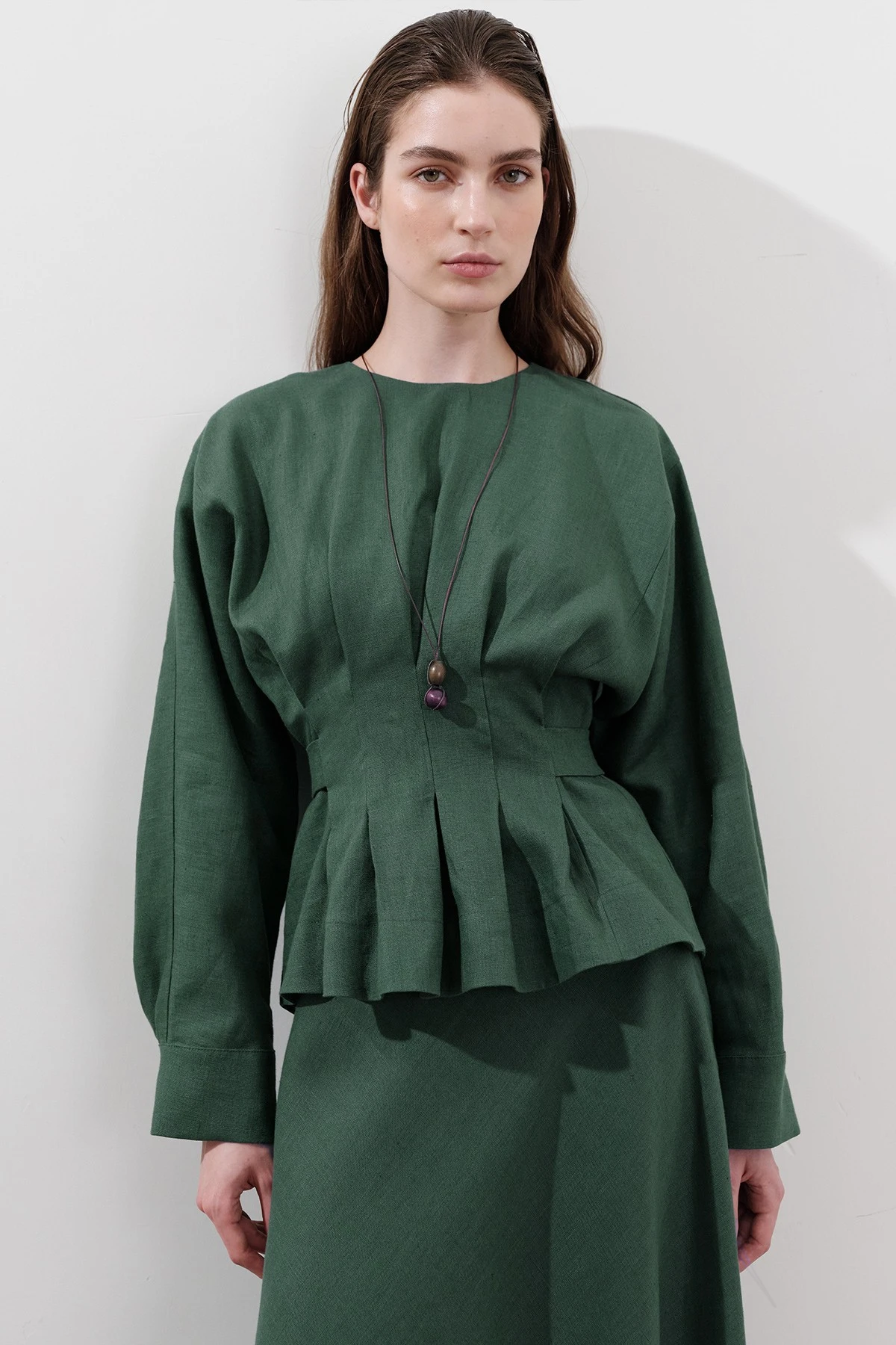 KETEN KRUVAZE BAĞLAMALI BLUZ PETROL