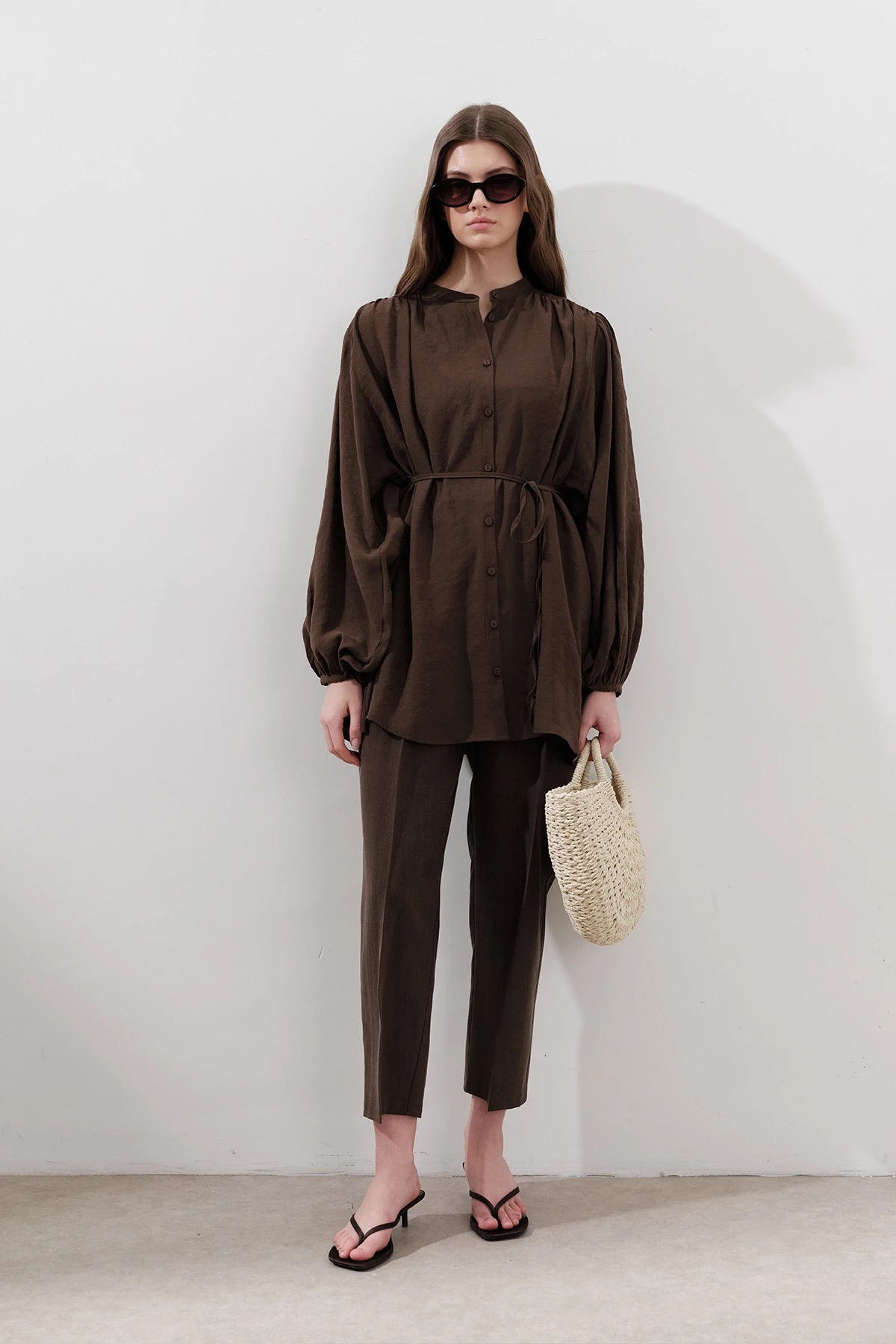 TENCEL BÜZGÜLÜ TUNİK KAHVERENGİ TENCEL BÜZGÜLÜ TUNİK KAHVERENGİ