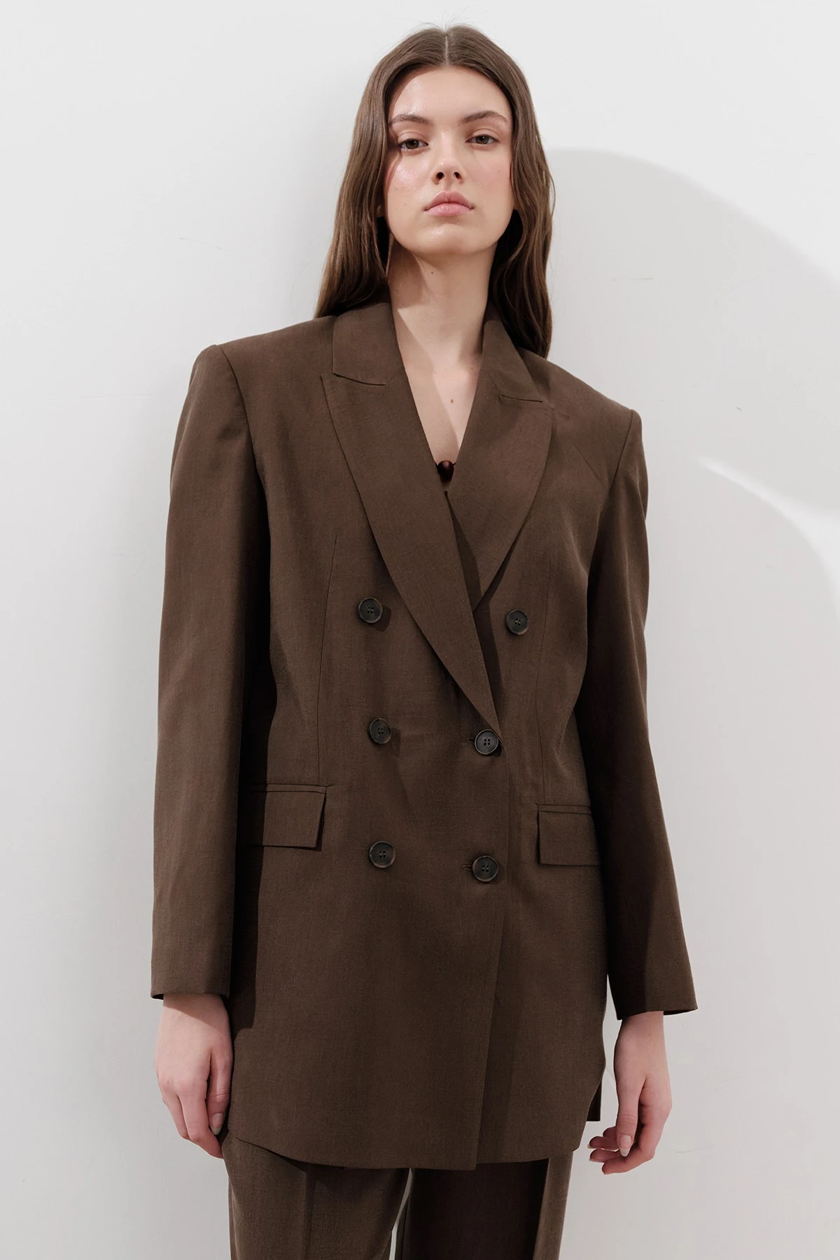 TENCEL BELT DOUBLE BREASTED BLAZER JACKET BITTER COFFEE