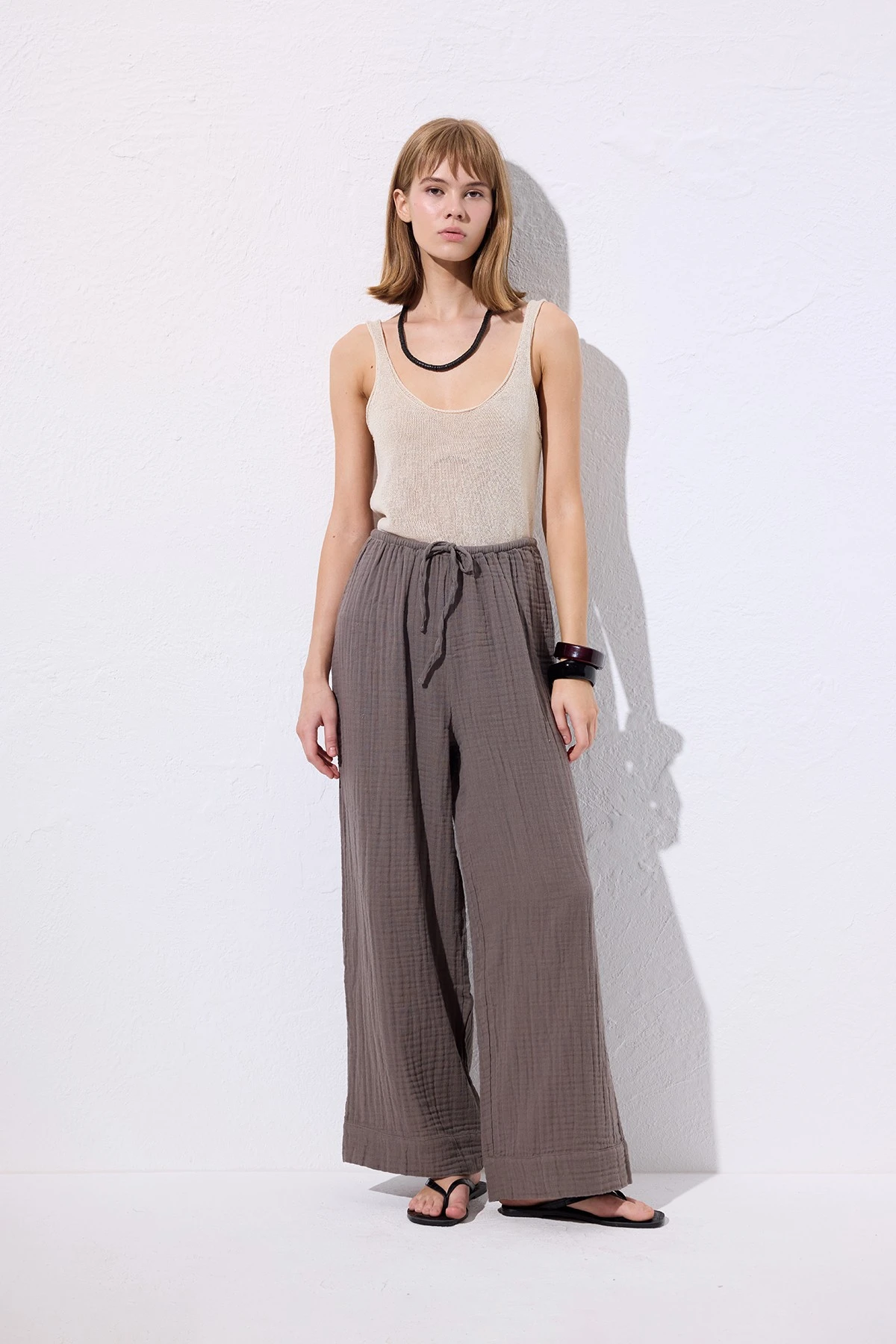 MÜSLİN BAĞLAMALI PANTOLON GRİ