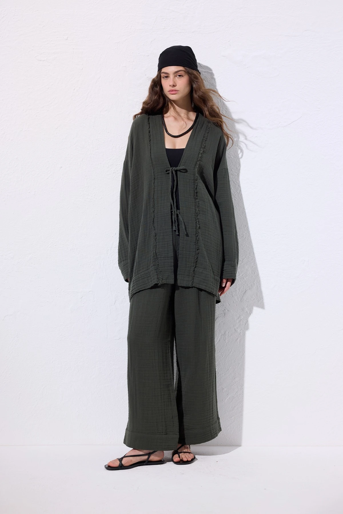 MÜSLİN GENİŞ KOLLU KİMONO KOYU YEŞİL