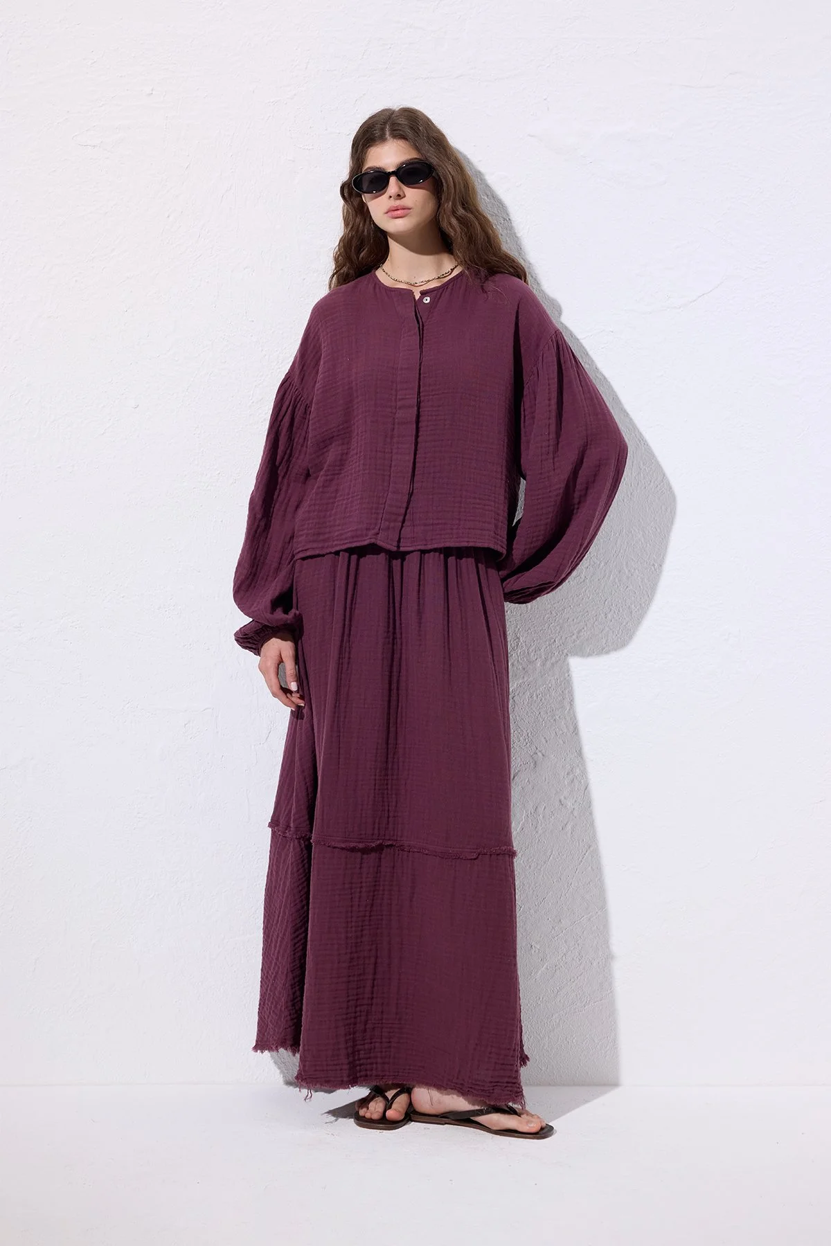 MÜSLİN BALON KOL KISA BLUZ MÜRDÜM