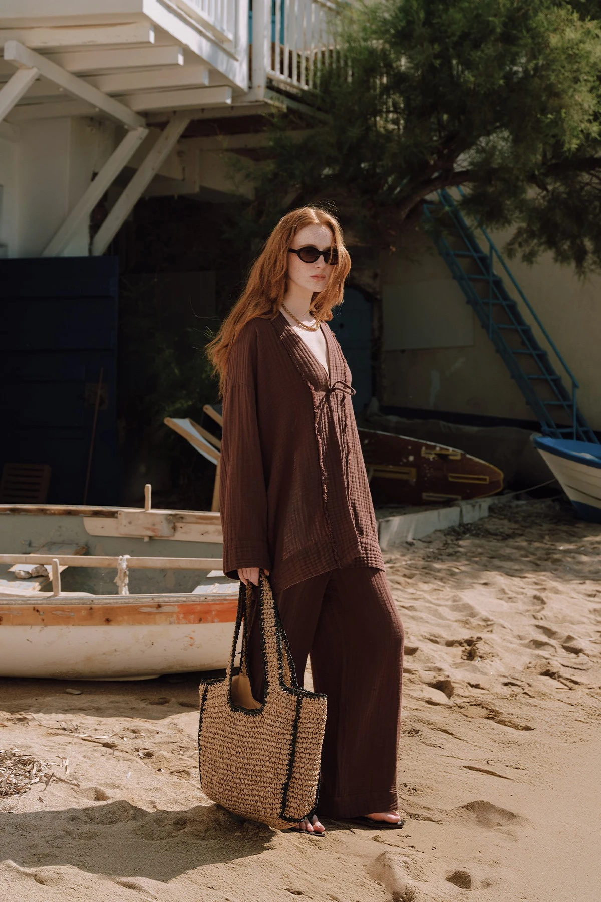 MÜSLİN GENİŞ KOLLU KİMONO ACI KAHVE