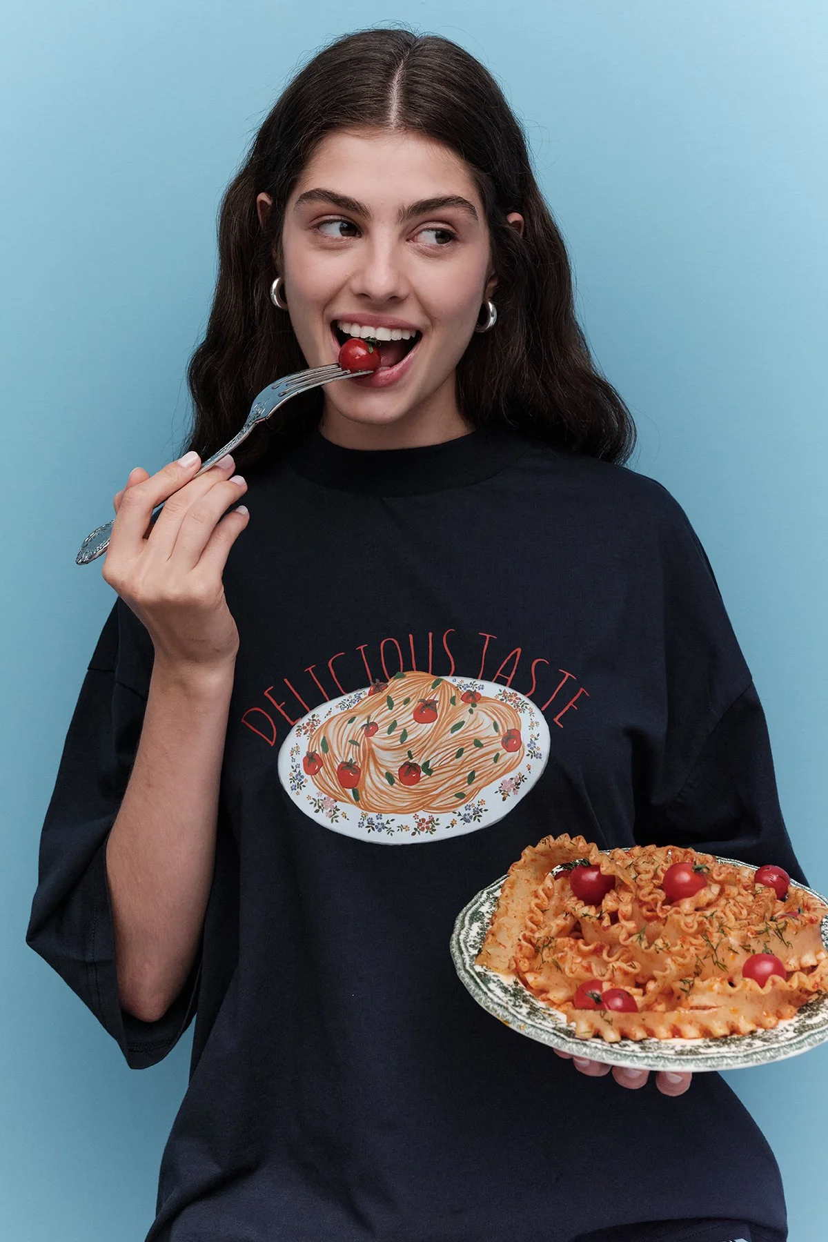 BASKILI KISA KOL T-SHIRT PASTA