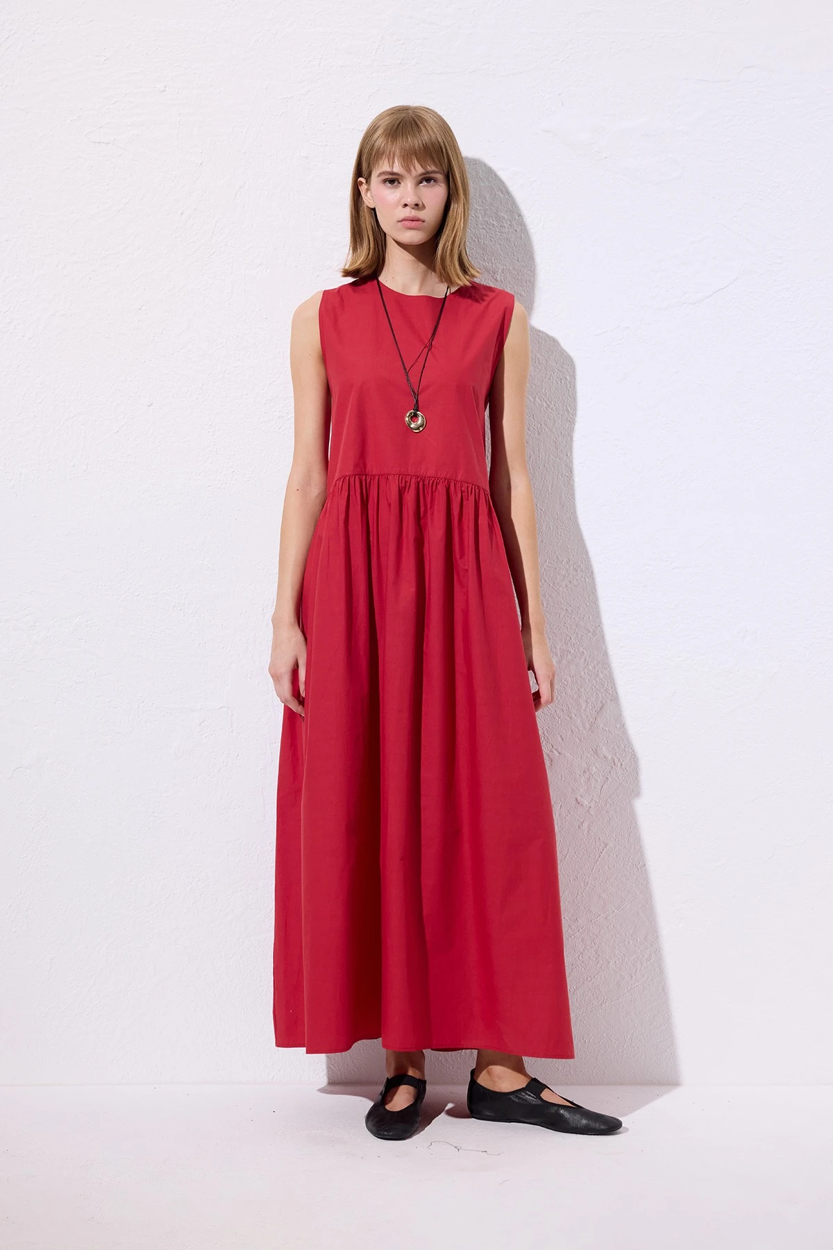 ADJUSTABLE BELT POPLIN DRESS RED