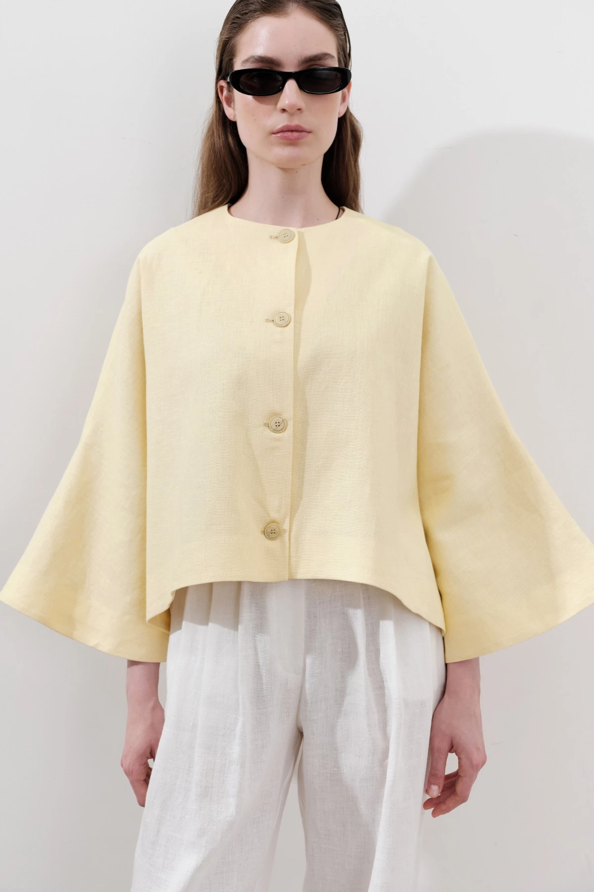 LINEN WIDE SLEEVE SHORT JACKET YELLOW