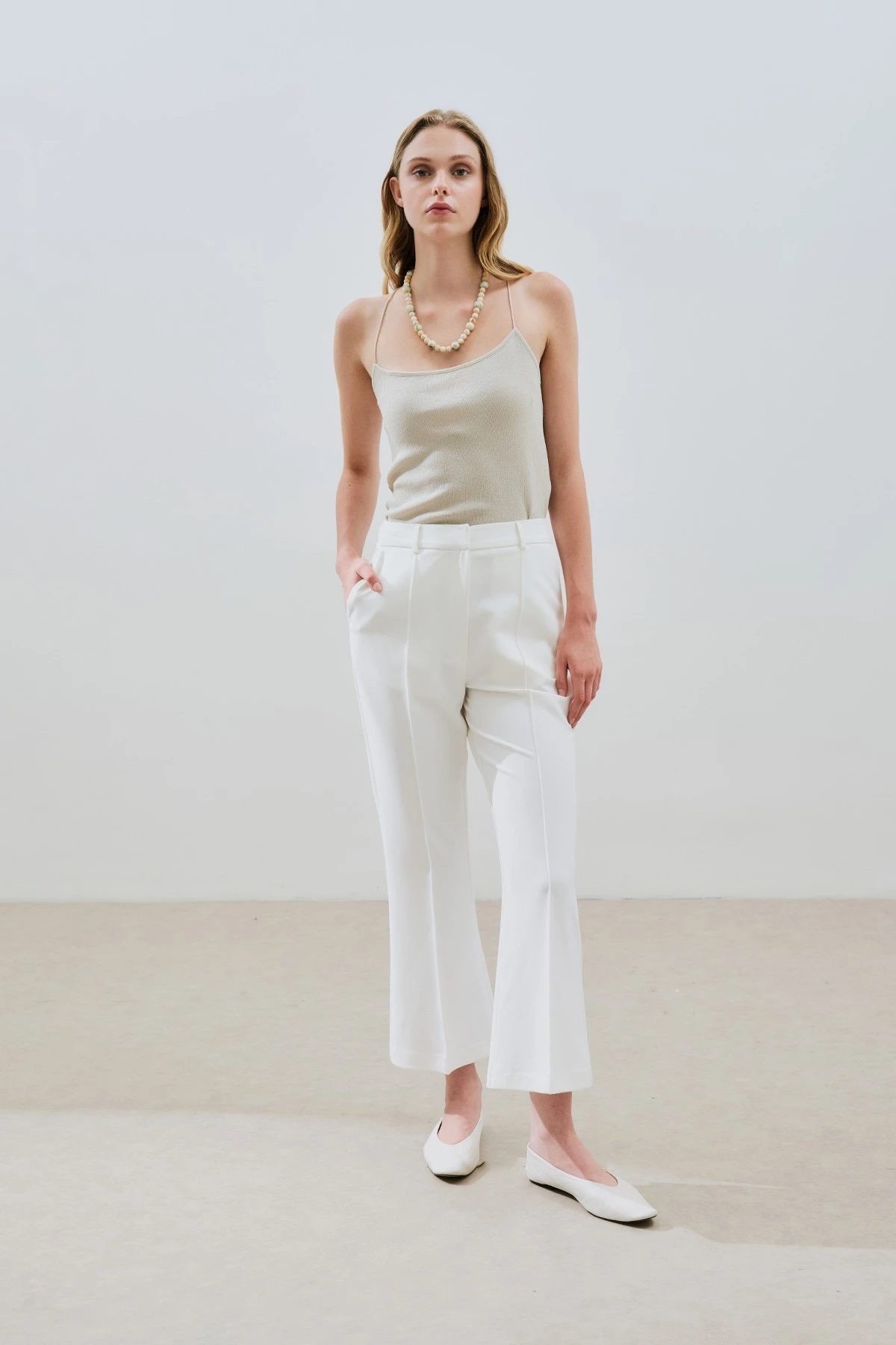 FLARE TROUSERS WITH STITCHING DETAILS ECRU