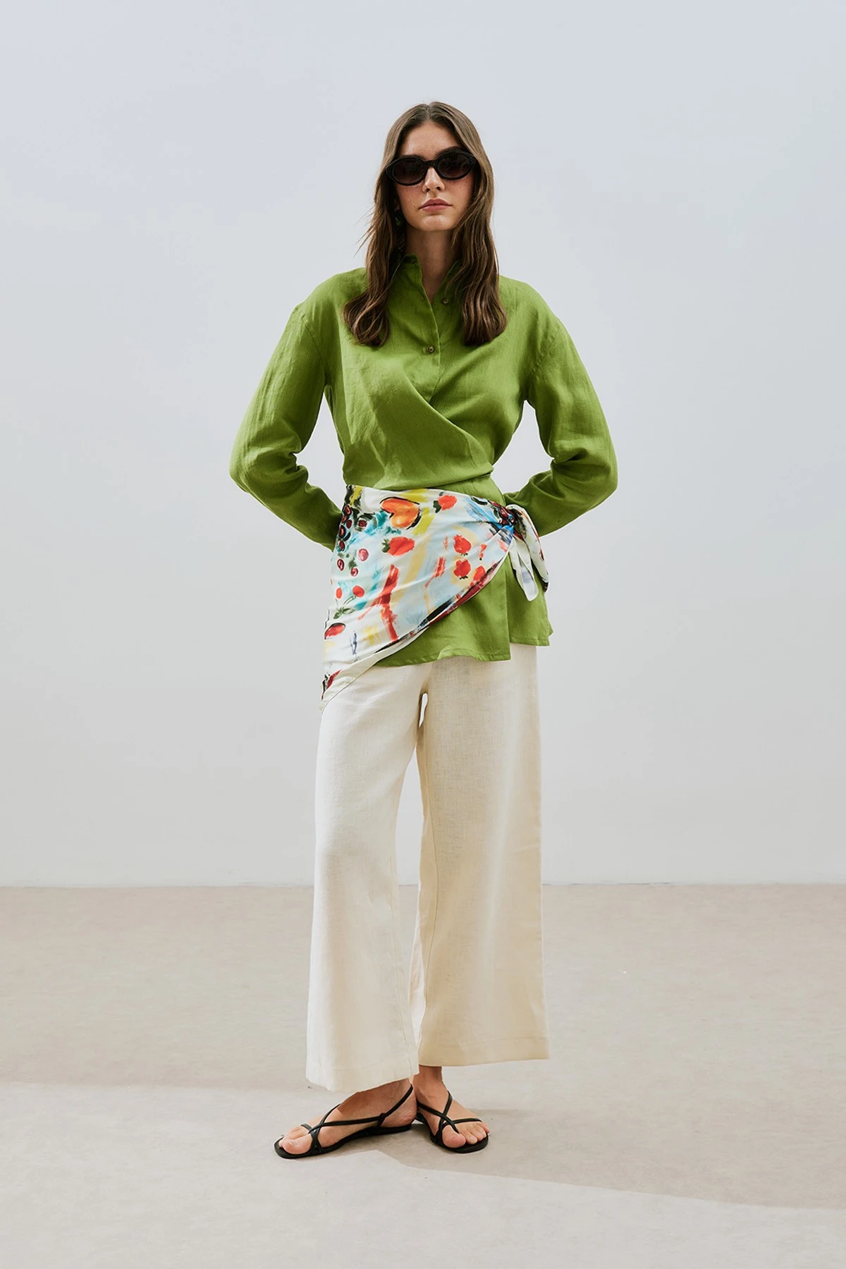 KETEN BAĞLAMA DETAYLI GÖMLEK FISTIK YEŞİLİ