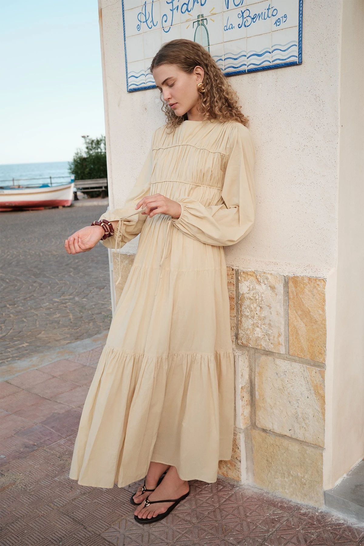 BÜZGÜLÜ UZUN KOL ELBİSE PASTEL SARI