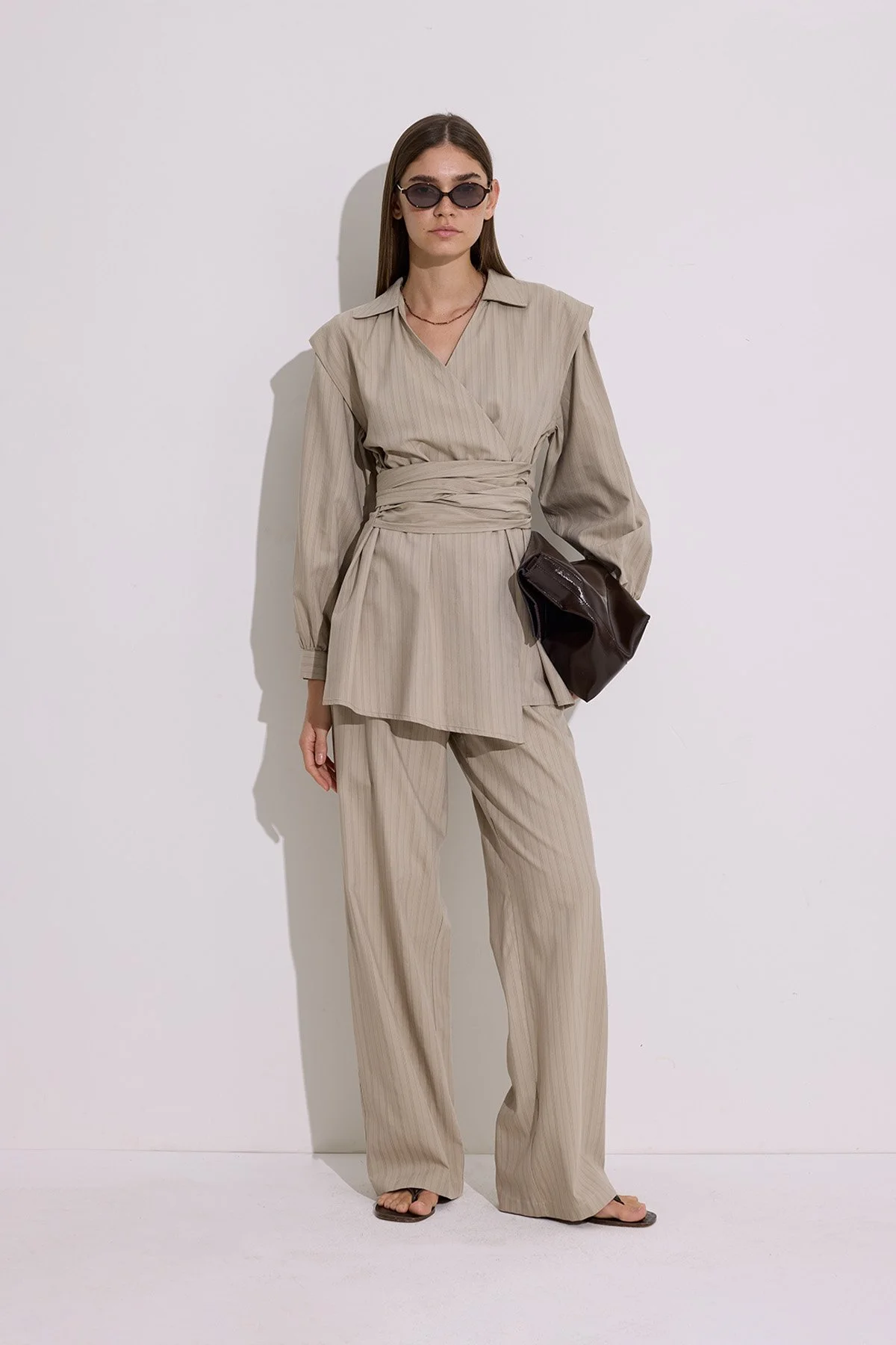 STRIPED ELASTIC WAIST TROUSERS BEIGE