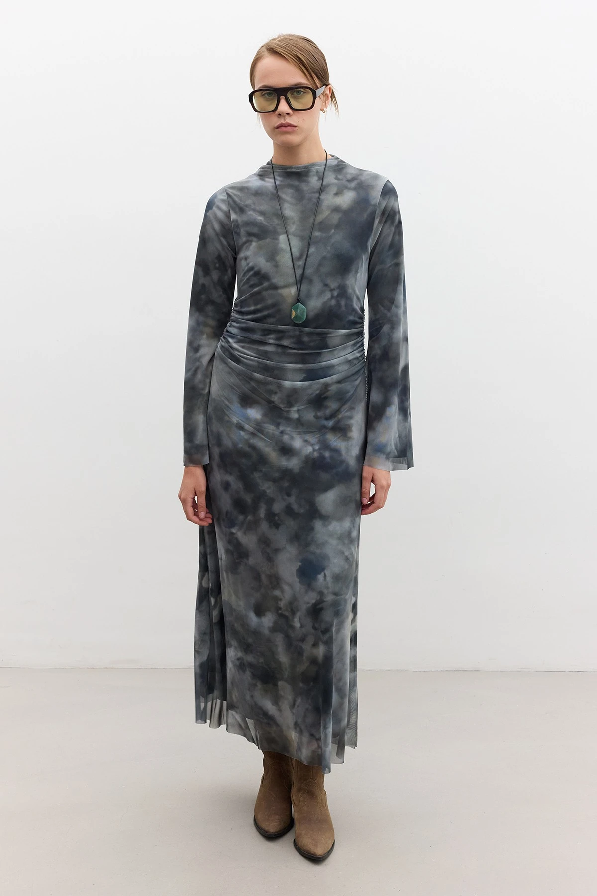 PATTERNED WIDE SLEEVE TULLE DRESS BATTY GREEN