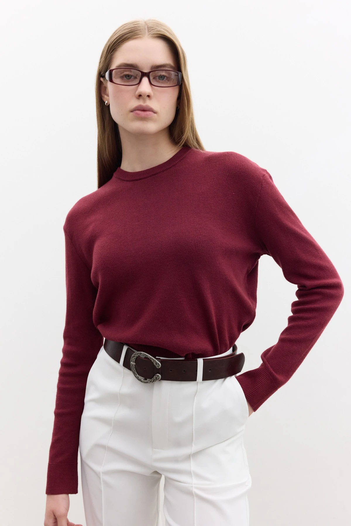 SOFT TEXTURED KNIT SWEATER Claret Red SOFT TEXTURED KNIT SWEATER Claret Red