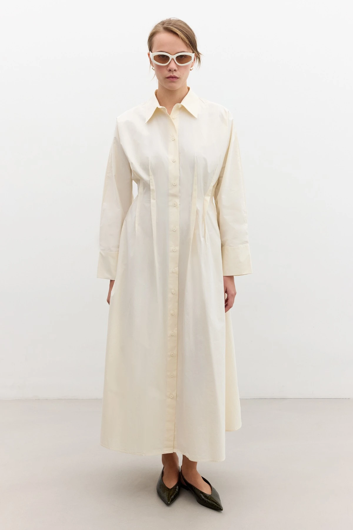 NERVÜR DETAYLI GÖMLEK ELBİSE TEREYAĞ NERVÜR DETAYLI GÖMLEK ELBİSE TEREYAĞ