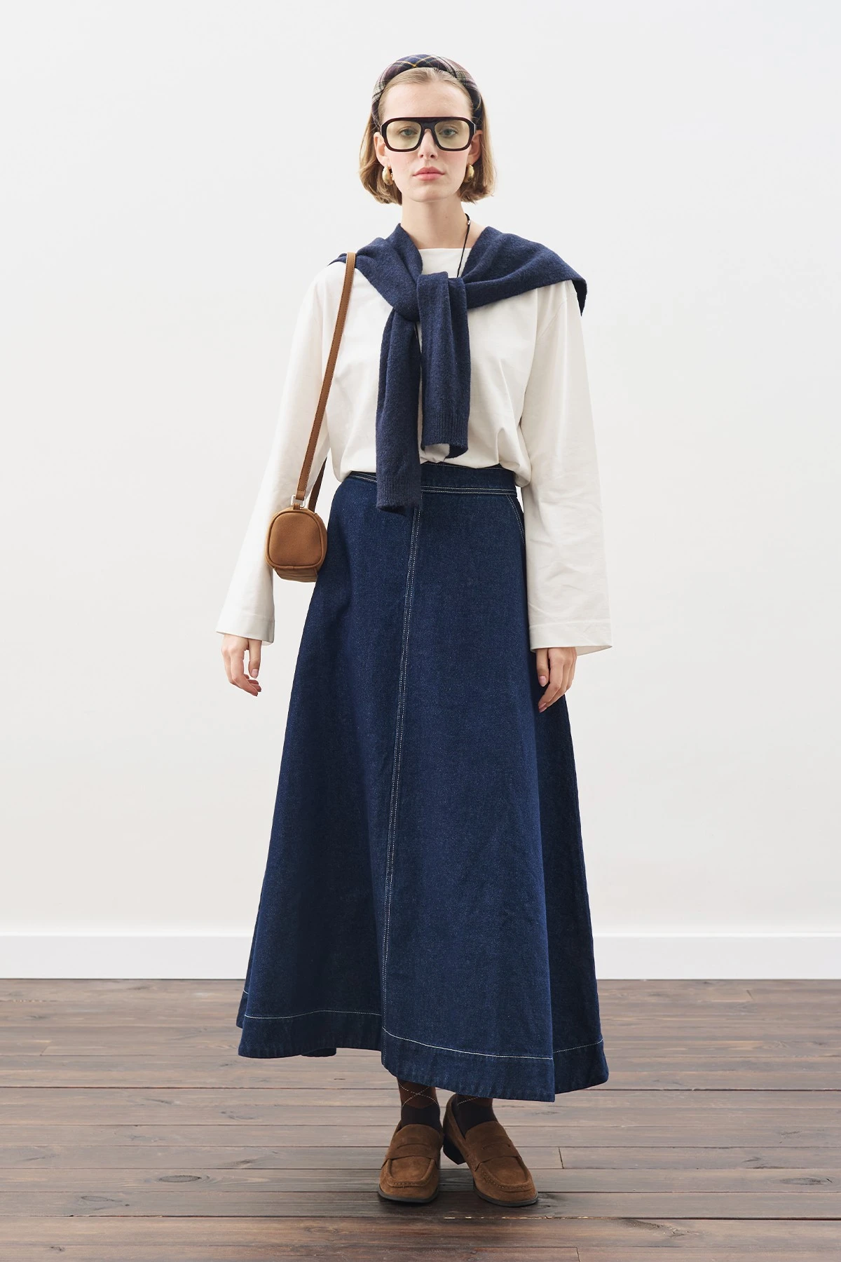 DİKİŞ DETAYLI GENİŞ DENİM ETEK İNDİGO