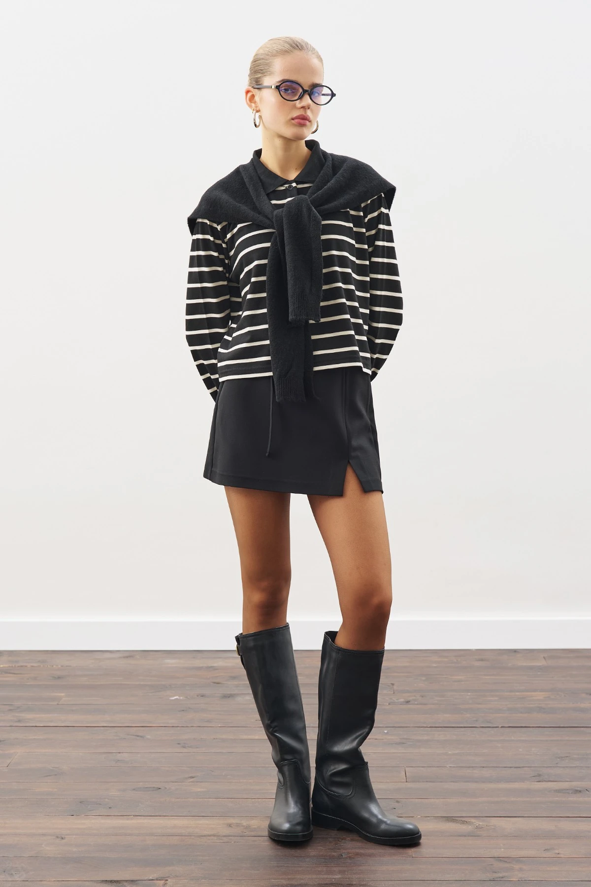 POLO YAKA ÇİZGİLİ TSHIRT SİYAH