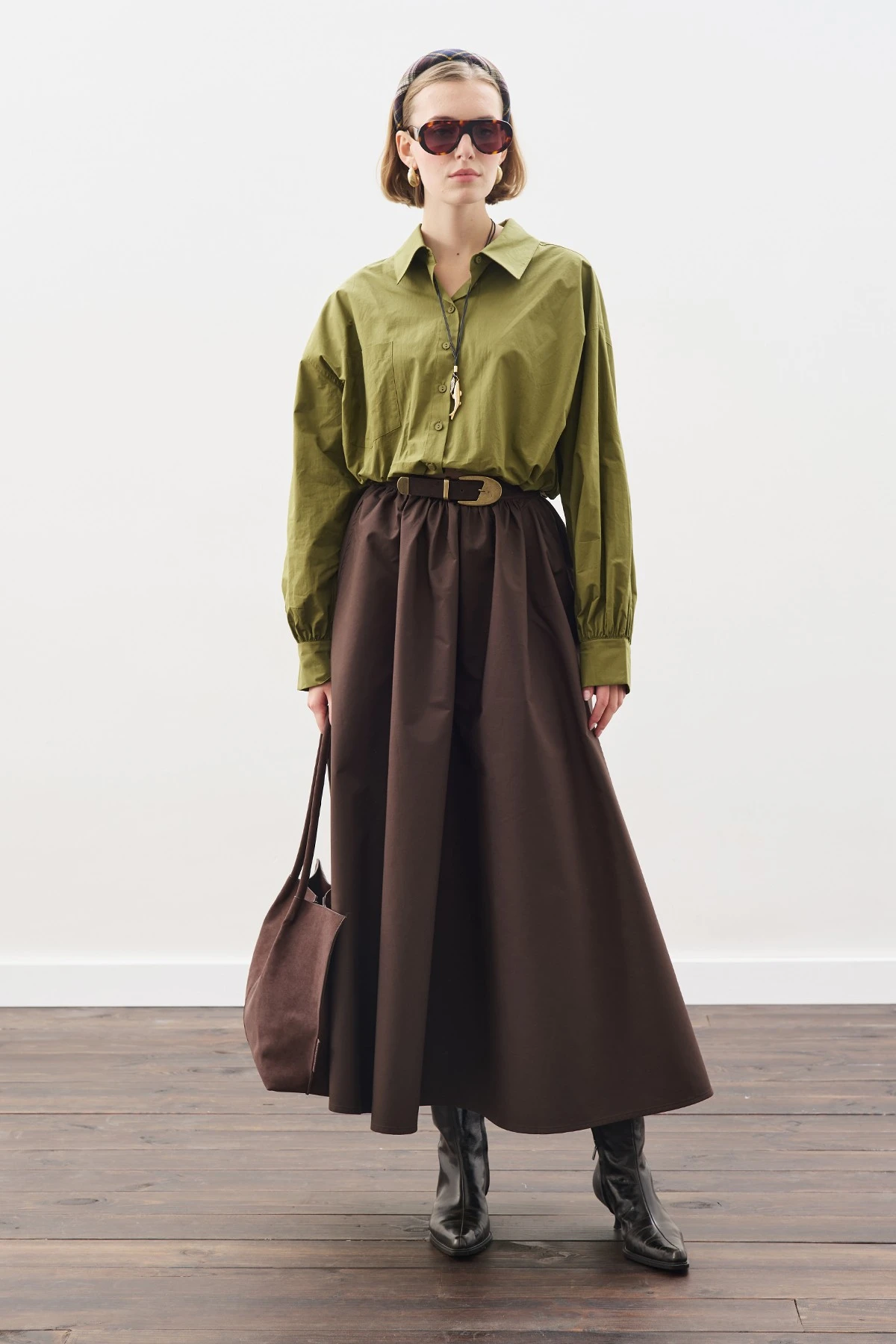 CROP BALON FORM GÖMLEK YAĞ YEŞİLİ