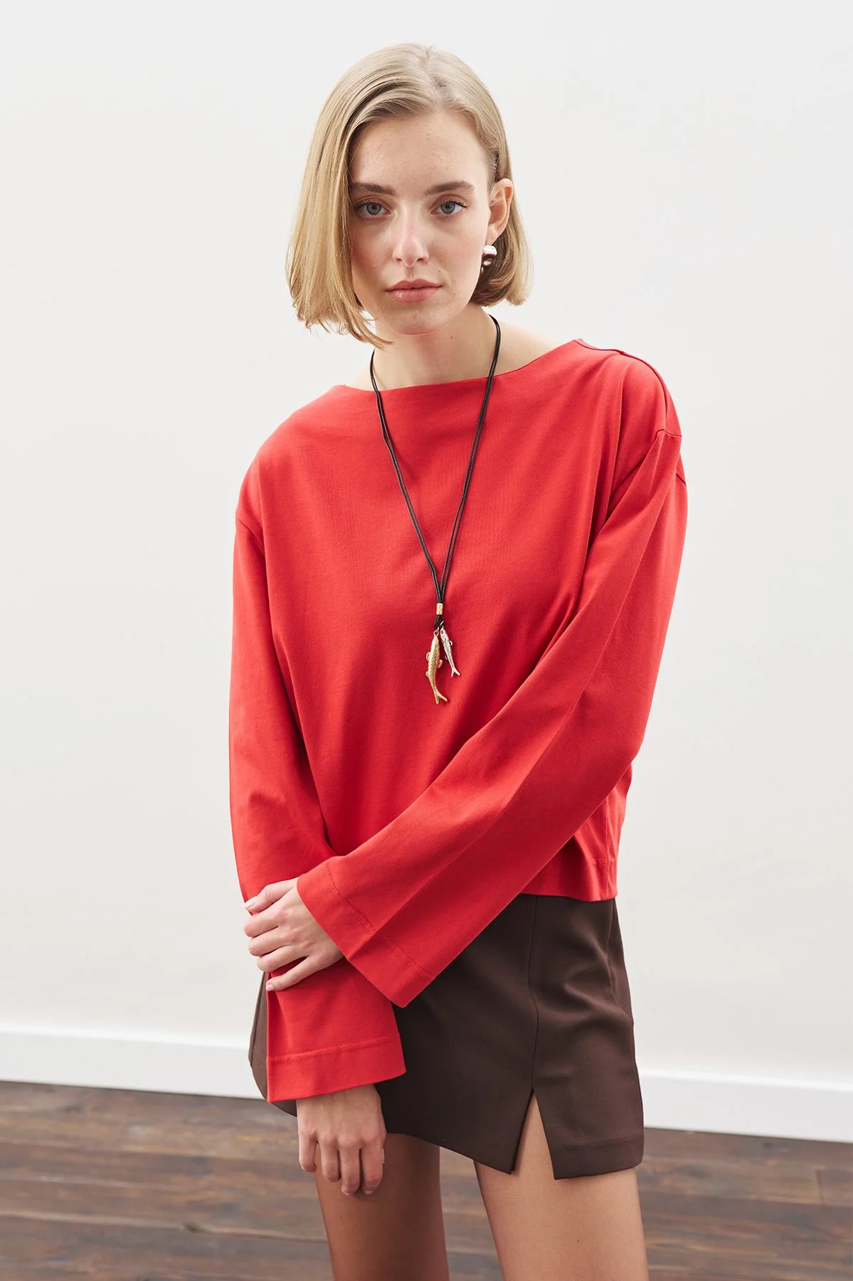 KAYIK YAKA UZUN KOL TSHIRT KIRMIZI