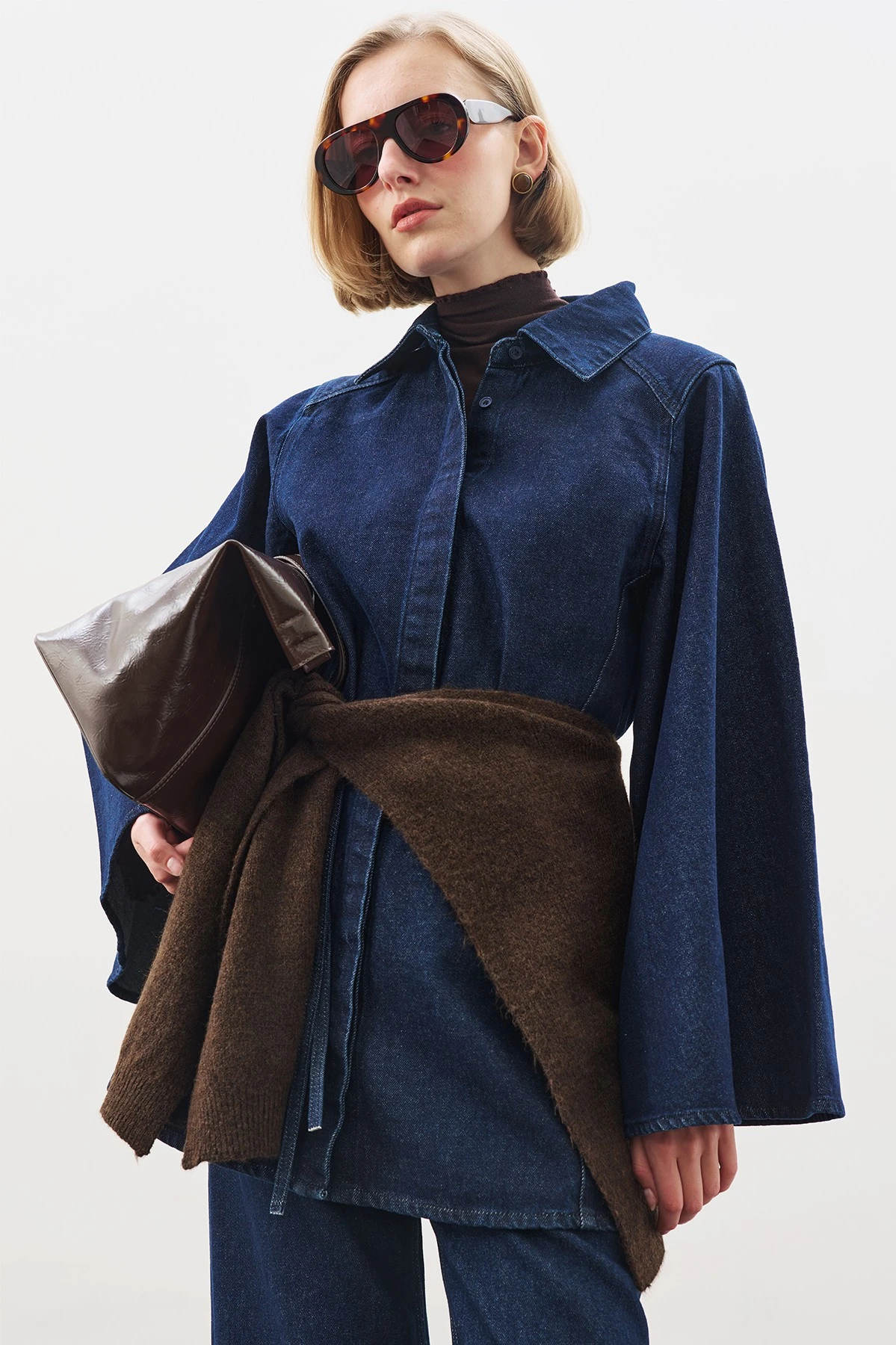 GENİŞ PELERİN KOLLU DENİM GÖMLEK İNDİGO