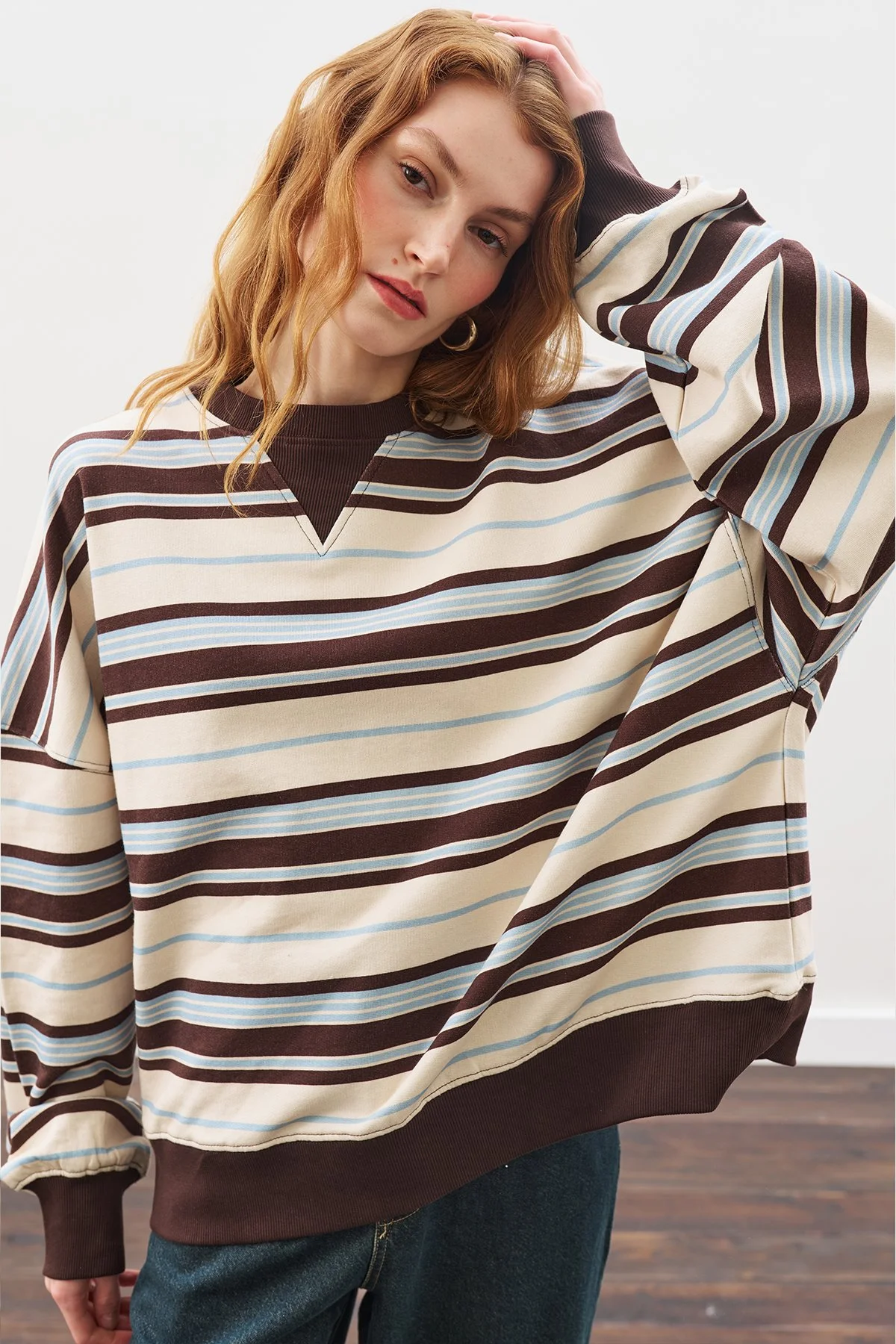 OVERSIZE ÇİZGİLİ SWEATSHIRT KAHVERENGİ