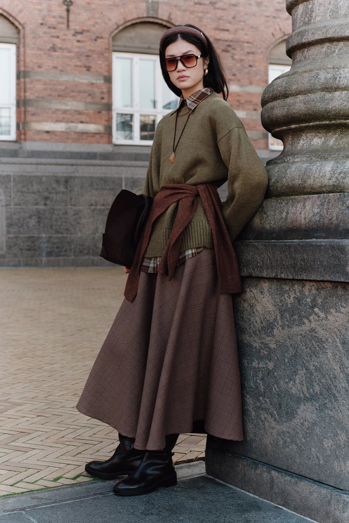 CHECKED PATTERN WIDE SKIRT BURGUNDY